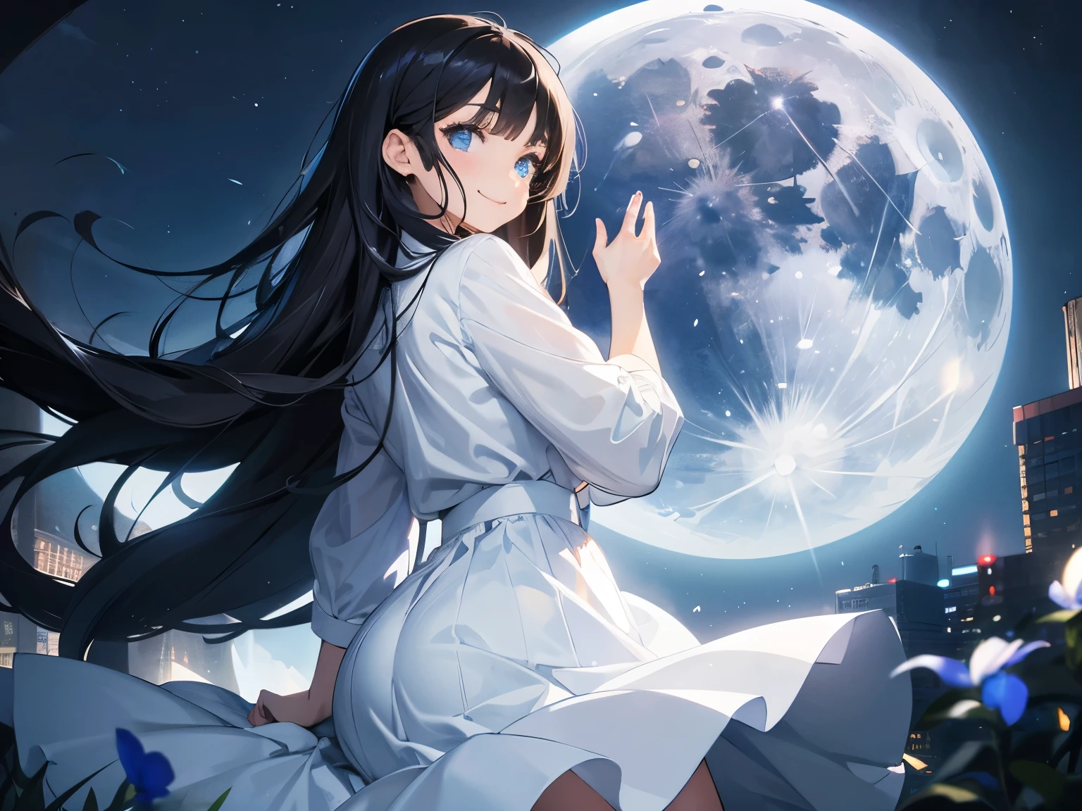 (Masterpiece, top quality, super detailed CG, ultra detailed beautiful face and eyes,super detailed, intricate details:1.2), 8k wallpapers, elaborate features,
(1 person, solo:1.4)perfect cartoon illustration,(1 person, solo:1.4)
(realistic textures:0.8), high res, cute, (vivid colors, dynamic lighting:1.0), (high contrast:0.8),
A girl (in her teens) with a mysterious atmosphere overlooking the lowlands from the top of a steep cliff, very pretty face, long glossy black hair, clear sky-blue eyes, clear skin, slender arms and legs (both barefoot), wearing only a white dress that reaches down to her calves, surrounded by blue phosphorescence. Blue phosphorescence surrounds her, ruins spread far and wide in front of her, the place is a fantastic and vast urban ruin, the time is night and the area is dark, but stars and a big moon are shining brightly in the sky, back view, so that her whole body is included in the illustration.
