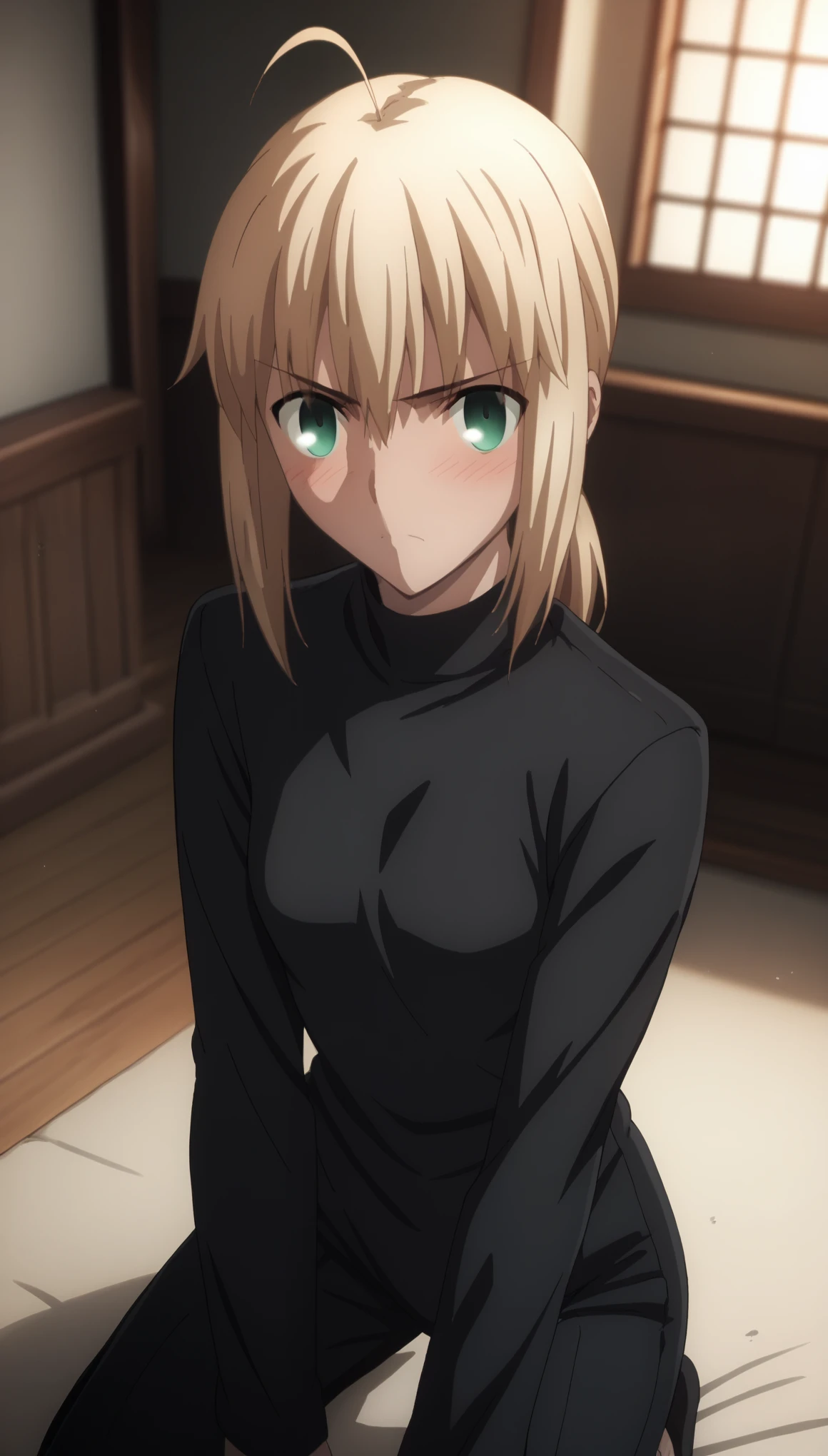sauce_anime, ambient light, blue hour,
fsn_ubw_style, 1girl ,,low ponytail hair, blond hair, ahoge, deep green eyes,, hair between eyes, perfect eyes , ,, Perfect face, expressive eyes, ,
((black shirt)), black suit pants,
indoors, , realistic church room, (kneeling), blush, ,
cowboy shot, looking at viewer, solo, dutch angle, closed mouth, , , small breast,