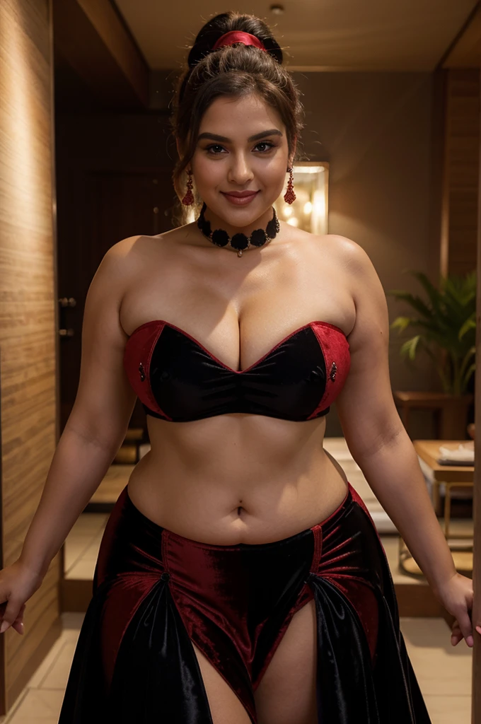 mid 30s lady, plus size wearing red short blouse red short petticoat ,her and  deep navel,  seducing pose,background in an indian goon's night club,many wine bottles everywhere, a WINE GLASS in the lady's hand,fiary lights lit dimly