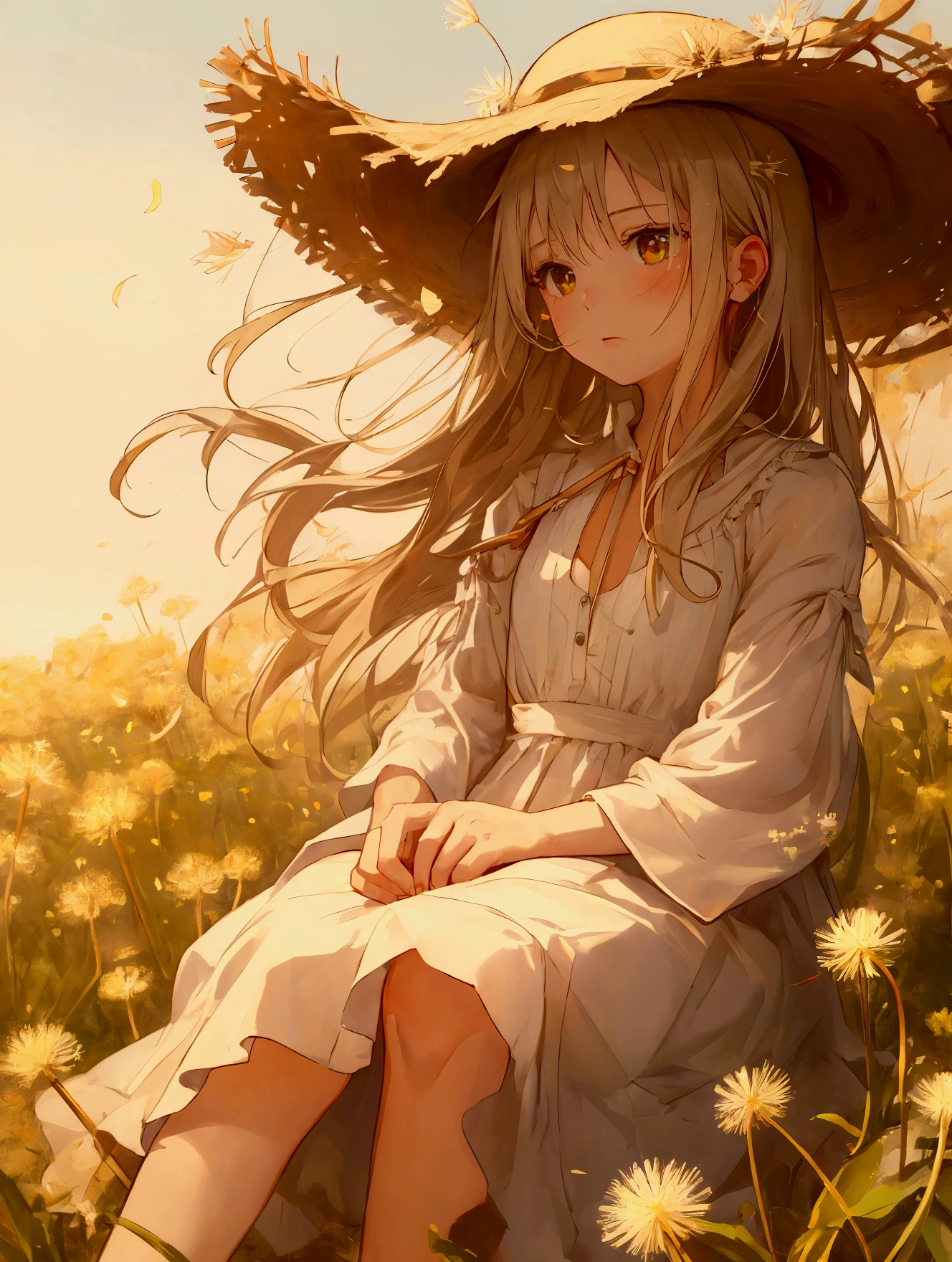 UHD, accurate, ((masterpiece)), ((high details)), high quality, textured skin, high detailed face, A woman wearing a straw hat is sitting on the ground, leaning against a wooden farm fence. She has her legs stretched out in front of her and holds a dandelion in her right hand, blowing on it gently to release the seeds into the air. It’s a serene spring evening, with the soft, warm light of the setting sun in the background, casting an orange-pink glow across the sky and fields. The atmosphere is peaceful, with gentle breezes and blooming flowers, emphasizing the tranquility of the scene, Dandelion, (dandelion fluff), Blow on the dandelion fluff to send the seeds flying:1.2, Illustration based on L. Andersen Ring's "June, Girl Blowing Dandelion Seeds"