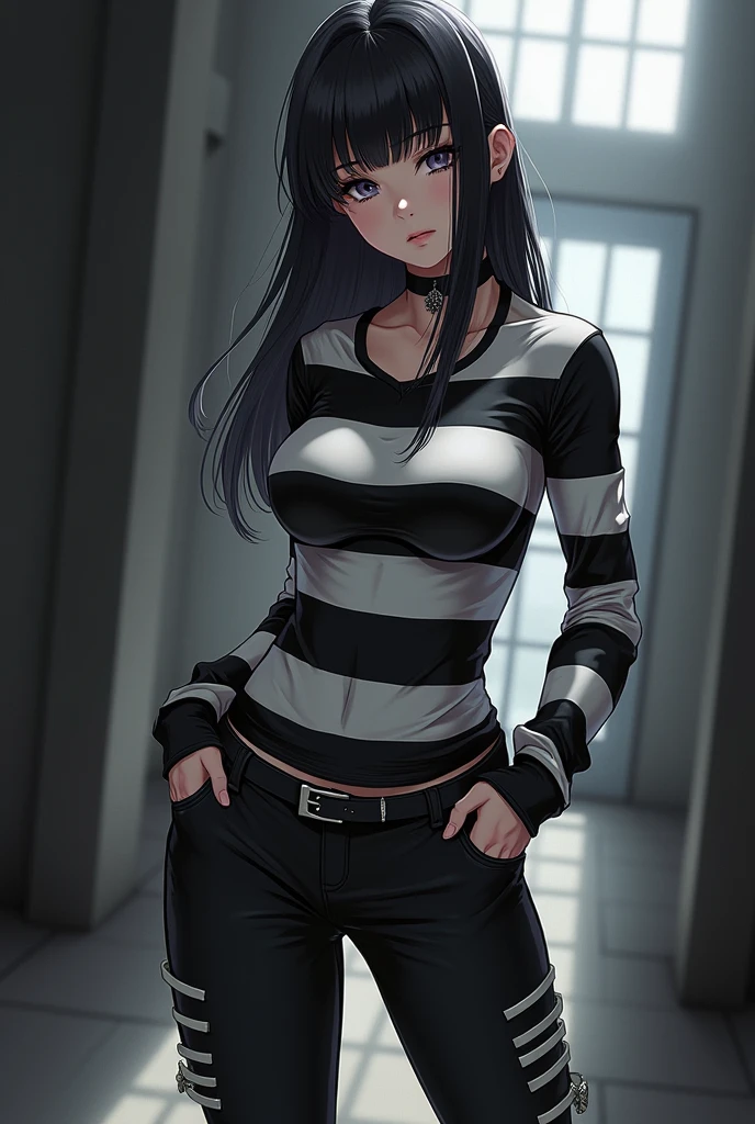 female Prisoner, Long black hair, purple eyes, big breast, metal chains on wrist, Prison bodysuit, black & white stripes, stripes white & black, Black and white strip bodysuit turned, metal handcuffs on wrist, behind bars.