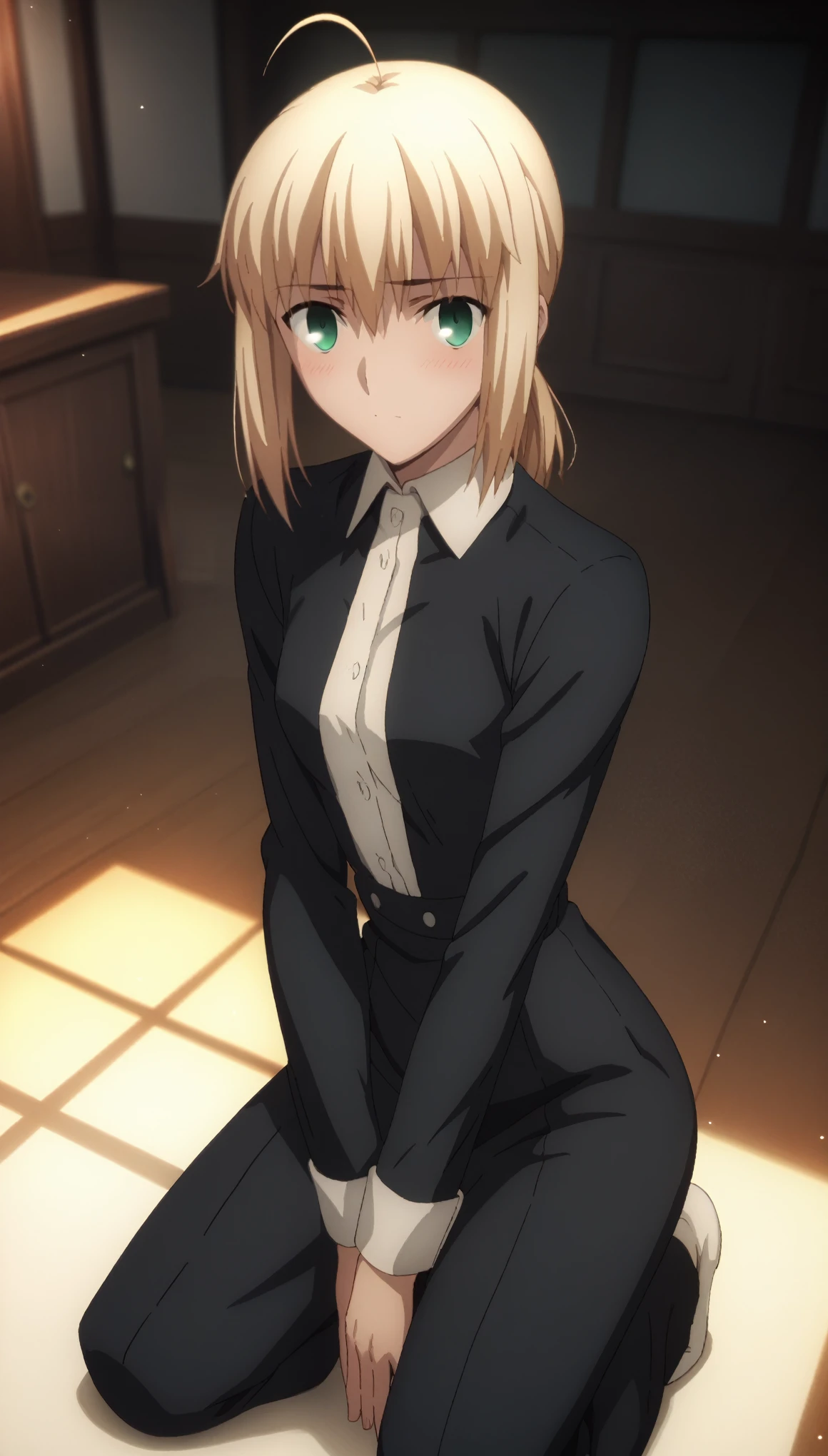 sauce_anime, ambient light, blue hour,
fsn_ubw_style, 1girl ,,low ponytail hair, blond hair, ahoge, deep green eyes,, hair between eyes, perfect eyes , ,, Perfect face, expressive eyes, ,
((black dress shirt)), black suit pants,
indoors, , realistic church room, (kneeling), blush, ,
cowboy shot, looking at viewer, solo, dutch angle, closed mouth, , , small breast,