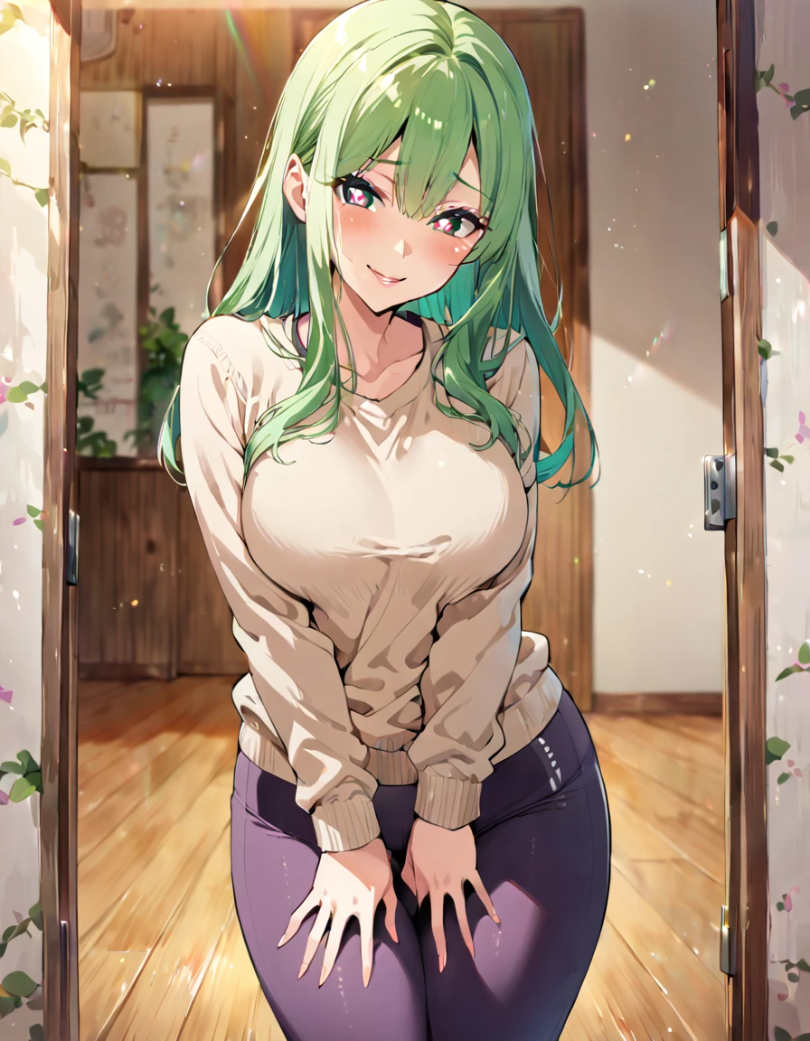 best quality, masterpiece, 1girl, solo, maho, messy hair, full body, green eyes, dark green hair, wariza, t-shirt, white shirt, off shoulder, bottomless, Giantess girl, looming over tiny person, pink sneakers, camel toe panties, vow angle view from floor