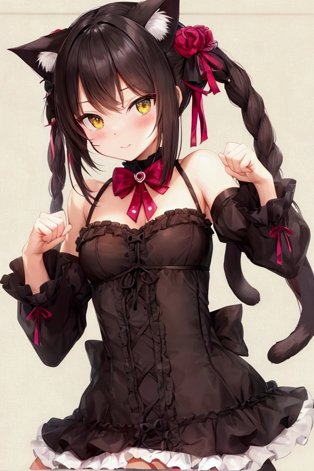 1 female, breasts, animal ears, cat ears, solo, thighhighs, black hair, tail, animal hands, paw gloves, hair ornament, long hair, hair flower, cat tail, looking at viewer, white thighhighs, smile, dress, flower, gloves, night, outdoors, cleavage, black dress, open mouth, paw shoes, detached sleeves, blush, standing, bare shoulders, ribbon, thighs, cat girl, medium breasts, standing on one leg, building, sky, :d, white flower, hair ribbon, red ribbon, long sleeves, sleeveless, bow, night sky, mole, yellow eyes, extra ears, star (sky), short dress, clothing cutout, two side up, orange eyes, animal ear fluff, large breasts, earrings, hands up, brown eyes, sleeveless dress, ((Masterpiece)), ((Best Quality)), (Very Detailed), ((Very Detailed)), 4K, (8K), very aesthetic, absurdres highres,
