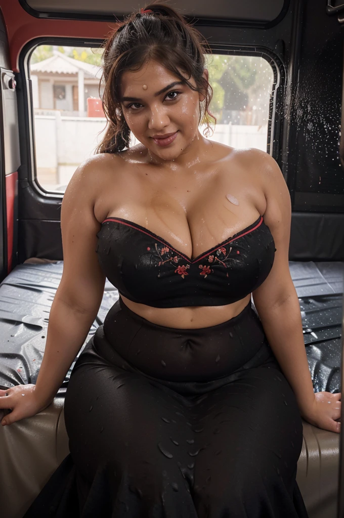 Chubby, busty, voluptuous, wearing tight apron, too big, maid, drenched in liquids, doing anything for master, working hard