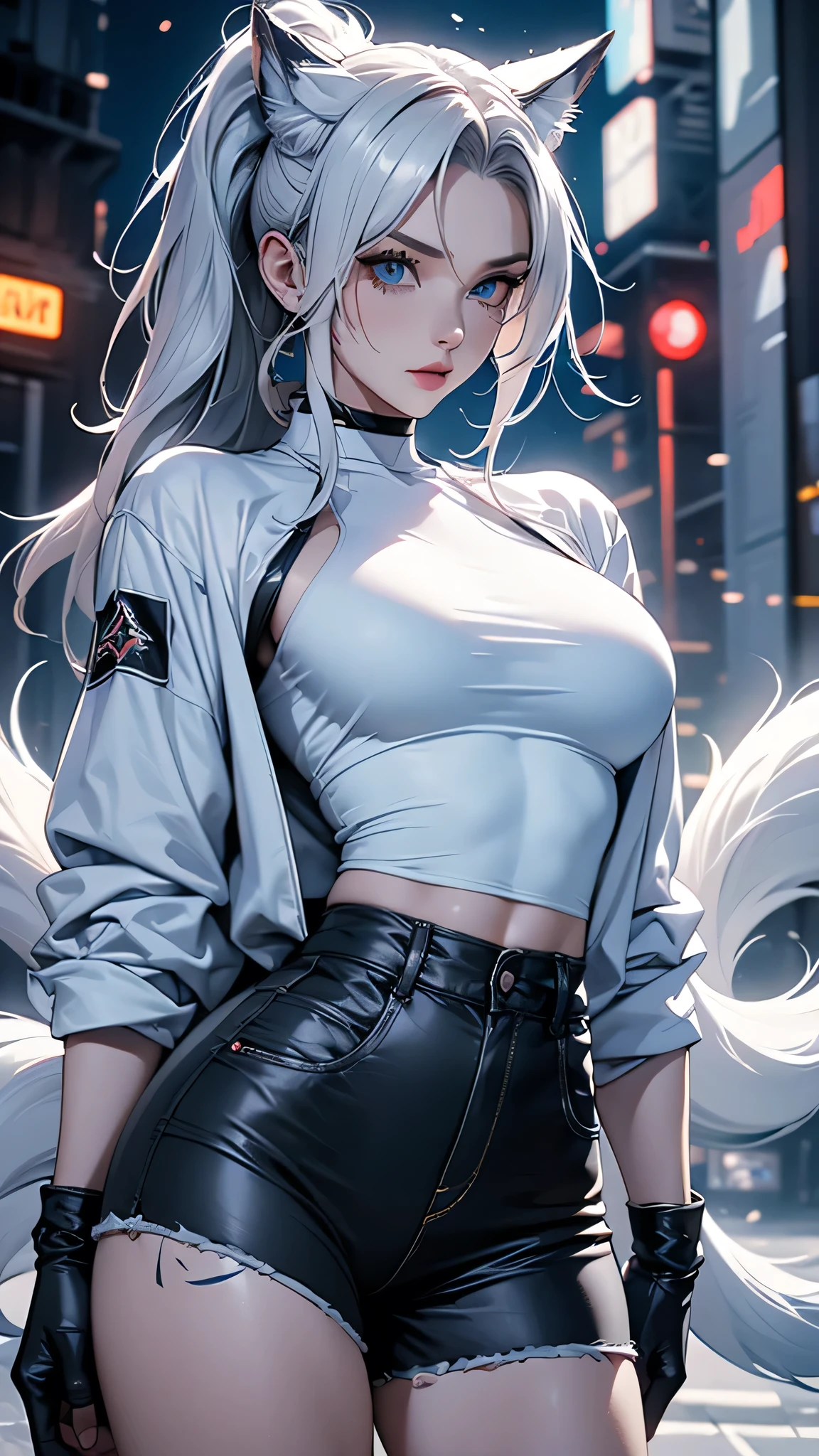 Highest image quality,Excellent details,ultra high resolution,The police of the future,She wears futuristic,ponytail,She stood in front of the police car,strong body,Sexy and strong,Detailed abs,Detailed muscle lines,dynamic poses,night,Future city street view background,neon lights,sense of technology,future technology,photorealistic, masterpiece, high resolution, soft light, mature female, blue eyes, hips up, hairpiece, lappland, arknights, destroyed city background, buildings on fire, pale, wolf girl, animal ears, scar, white fingerless gloves, black jacket, bikini, (tail, fluffy tail), tattoo, wolves, long white hair, black shorts