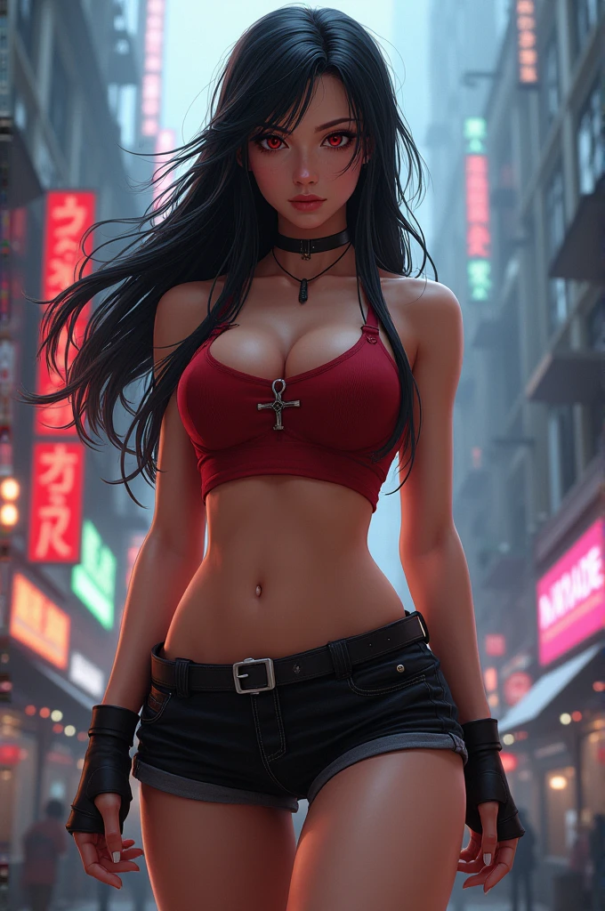 Tifa lockhart, tifa_lockhart,  ff7, sultry face, (white tank top:1.2), black miniskirt, (black long hair), hair bangs (red eyes:1.3) long eyelashes, beautiful red eyes with brightness, surrealism, shadow, stereogram, (photorealistic, realistic: 1.2), POV, atmospheric perspective, cinematic lighting, ray tracing, 8k, super detail, best quality, masterpiece, well detailed, (Canan EOS R6, 135mm, 1/1250s, f/2.8, ISO 400:0.9), cyberpunk, neon, neon signs, ramen shops, (huge breasts:1.5) red gloves --auto --s2