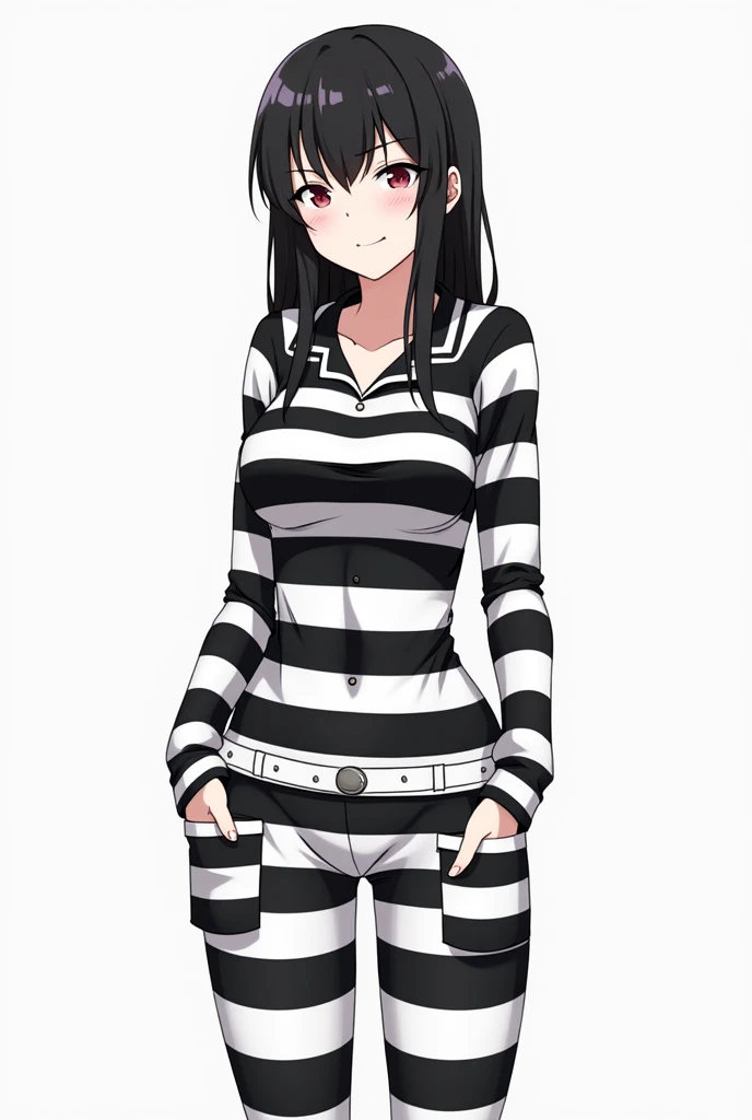 an anime woman 30 years with her arms behind her back, dressed as a prisoner, in a cell, 1 woman, full body, alone, long hair, looking at viewer, shirt, brown eyes, black hair, loose hair, posing, wearing t-shirt striped, with horizontal stripes, black and white striped shirt, big breasts, long sleeves, with (arms behind the back), no pants, bare legs, white sneakers.