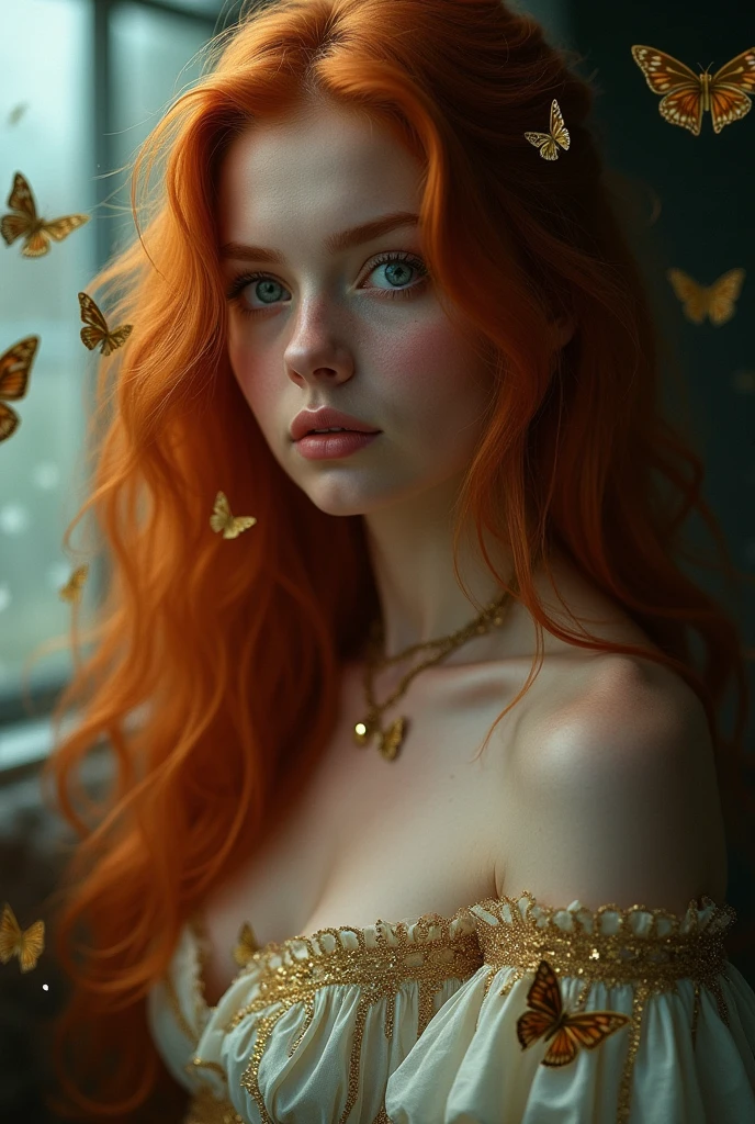 (solo, full body photo:1.3), (action packed:1.3), (haze, fog, mist:1.3), chiaroscuro, best quality, photorealistic, 1woman, (cute), (24yo:1.2), redhead, long ginger hair highly detailed, 1700'S, digital photography, art by artgerm and ruan jia and greg rutkowski surreal painting gold butterfly filigree, broken glass, (masterpiece, sidelighting, finely detailed Fashionable eyes: 1.2) (perfect oval large eyes that gazes at the viewer), beautiful detailed face, blue gorgeous perfect eyes, (blonde hair ponytail), (attractive young woman:1.3), (thick amazing hair), (seductive:1.1), (blushing:1.1)