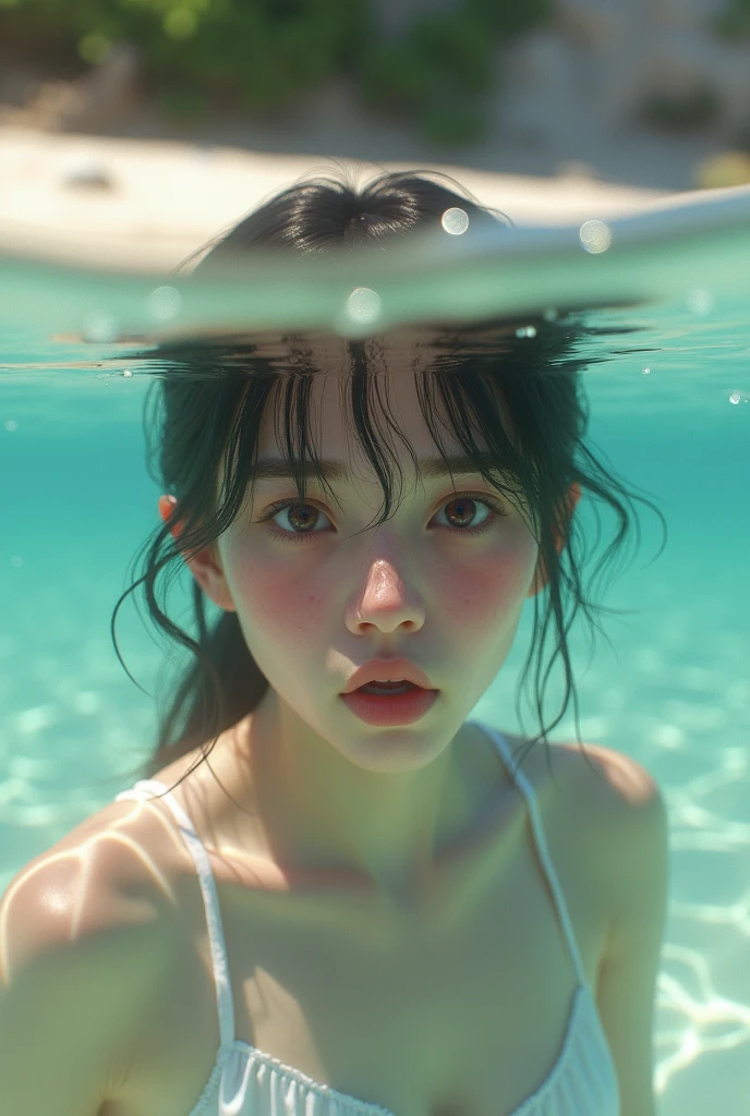 light blue wall, a teal fish , a up close view of a female underwater bubbles, dark flowing long hair,water very clear