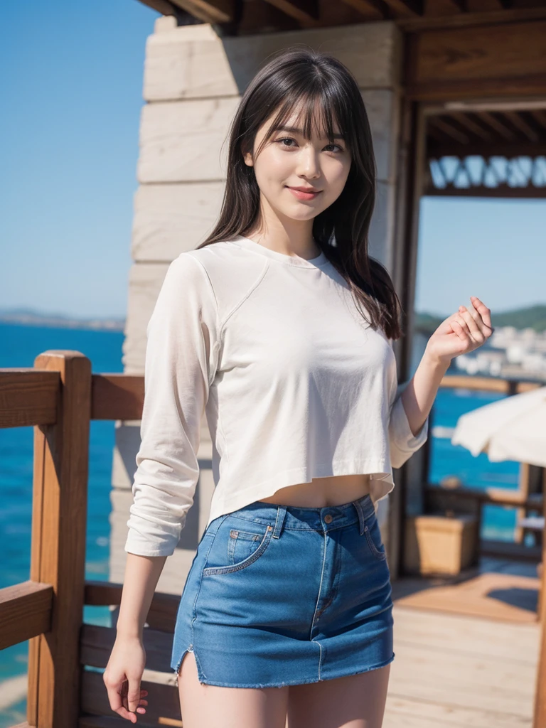 (Create a masterpiece: 1.2),(CGI art:1.3),(realistic:1.5),(After processing:1.3), (Sharp focus:1.3), 1 man, open mouth, smile, (Navy blue round neck shirt), Navy cargo pants, Korean guy , korean men, (High gloss details), chest muscles, large arm muscles, blood vessel, Big muscles, Broad shoulders, looking at the audience, Balancing the eyes, Seaside, beach, sunlight, running towards the camera