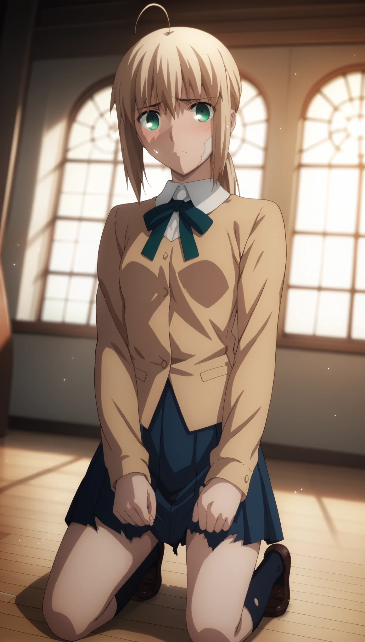 sauce_anime, ambient light, blue hour,
fsn_ubw_style, 1girl ,,low ponytail hair, blond hair, ahoge, deep green eyes,, hair between eyes, perfect eyes , ,, Perfect face, expressive eyes, ,
torn, ((undress school uniform)), mini skirt, pantira,
indoors, , realistic church room, (kneeling), blush, ,
cowboy shot, looking at viewer, solo, dutch angle, closed mouth, , , small breast,