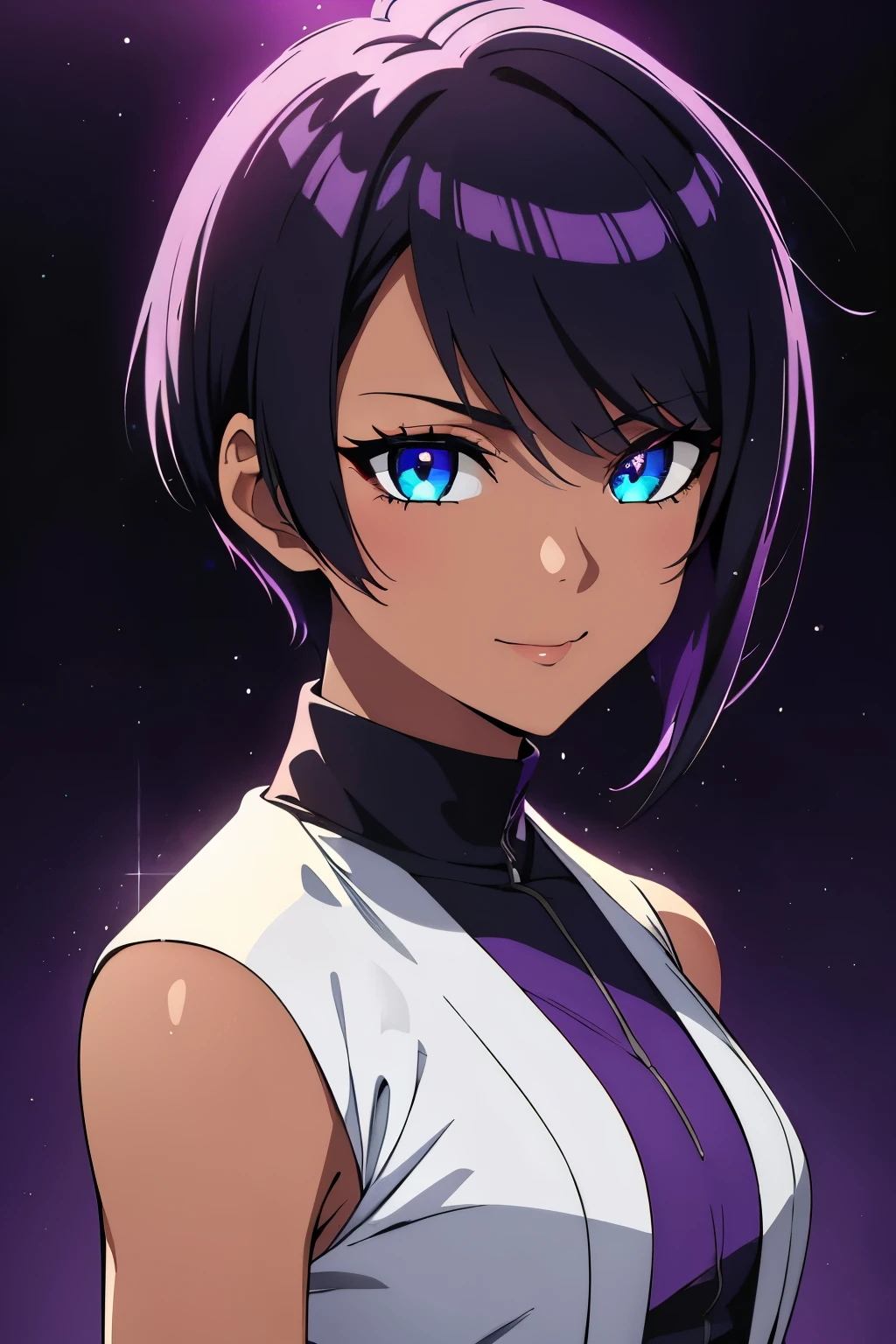 (high-quality, breathtaking),(expressive eyes, perfect face) 1girl, female, solo, young adult, short hair length, dark purply black hair color, purple lighting in hair, spiky hair, bright blue eye color, black background, positive expression, cute smile, Symmetrical Eye, light rain, modern fantasy clothing, tomo hairstyle, tomboy, portrait, tanned skin, slightly dark skin, mohawk haircut,