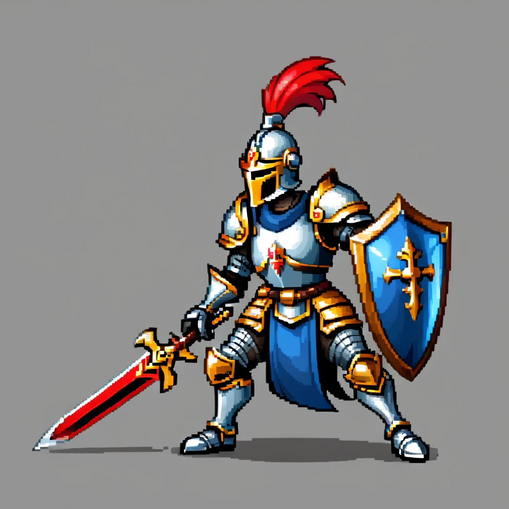 For an image of a cartoon-style video game character: knight wielding sword and shield, BREAK simple background, grey background, HD, masterpiece, best quality,