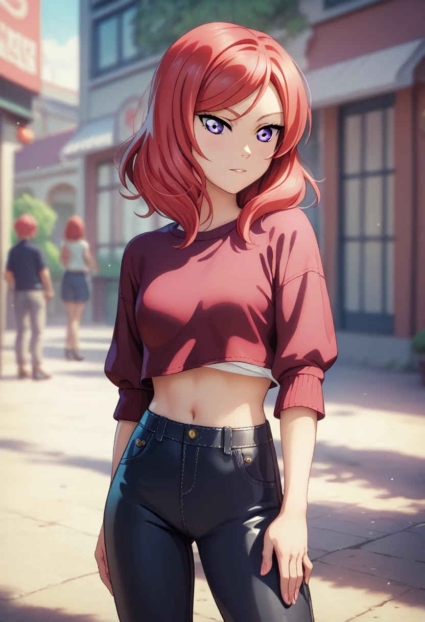 masterpiece, best quality, nishikino maki,red hair, medium hair, purple eyes , standing, stylish blouse, pants,lower belly exposed