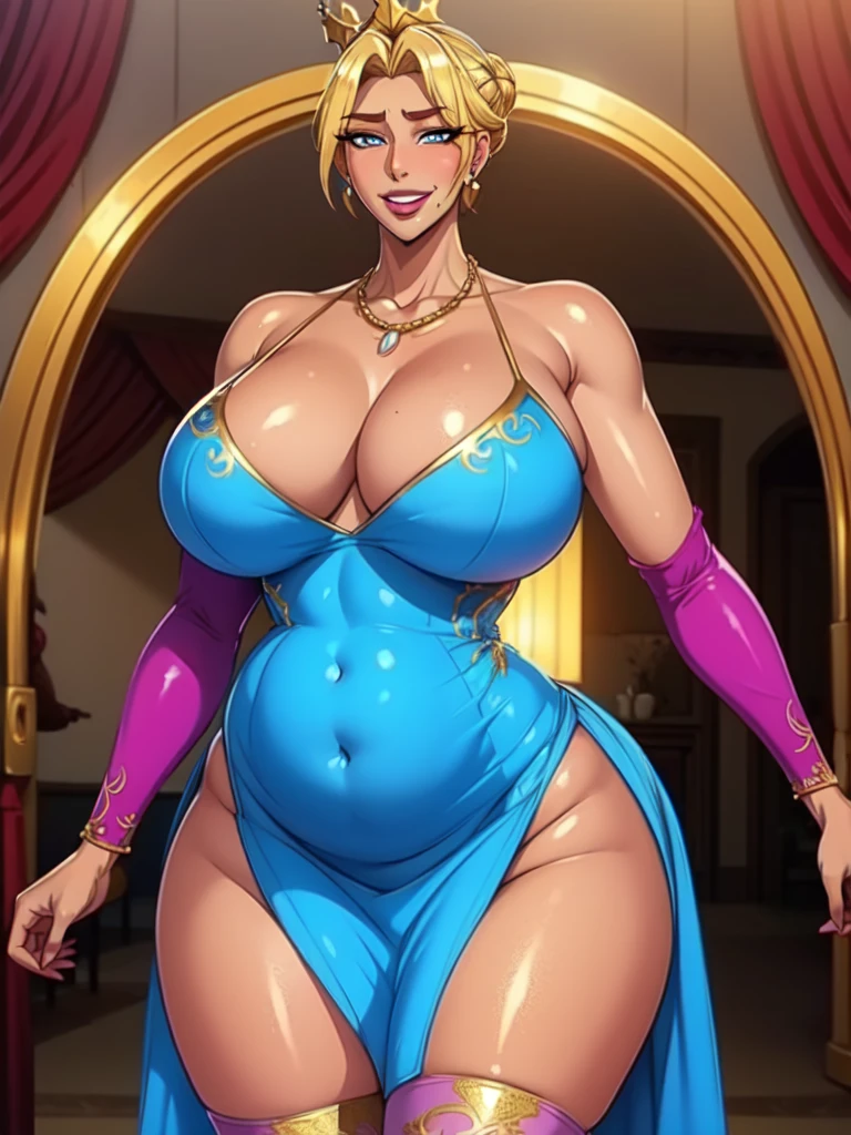 punk sorceress, long blue dress, leg slit, panty shot, panty slip, wardrobe malfunction, pink panties, blonde hair