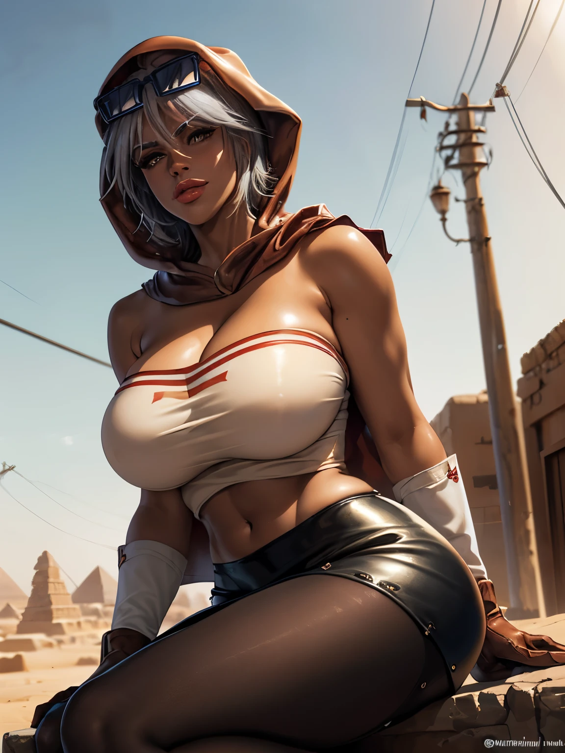 (masterpiece, Best Quality:1.2, 8 K, ultra high resolution), professional lighting, cinematic lighting, Cowboy Shot, Solo, 1girl in, Mariah \(jojo\), light grey hair, short hair, (putting sunglasses on forehead:1.15), (realistic Dark skin, detailed tanned skin), ((strapless shirt, tube top, bare shoulders, Midriff, short sleeve red coat, red colored hoods, gloves, black leather Skirt, pantyhose)), ultra huge cleavages, ultra huge tits, ultra huge boob, ultra huge breasts, (ultra slim waist:1.1, skinny, perfect slim model style:1.1), (she is in Egypt, ultra realistic & detailed desert town atmosphere, beside realistic electric pole, nearby detailed telegraph pole), sitting on bench with opening legs, close up angle, zoom up angle, 