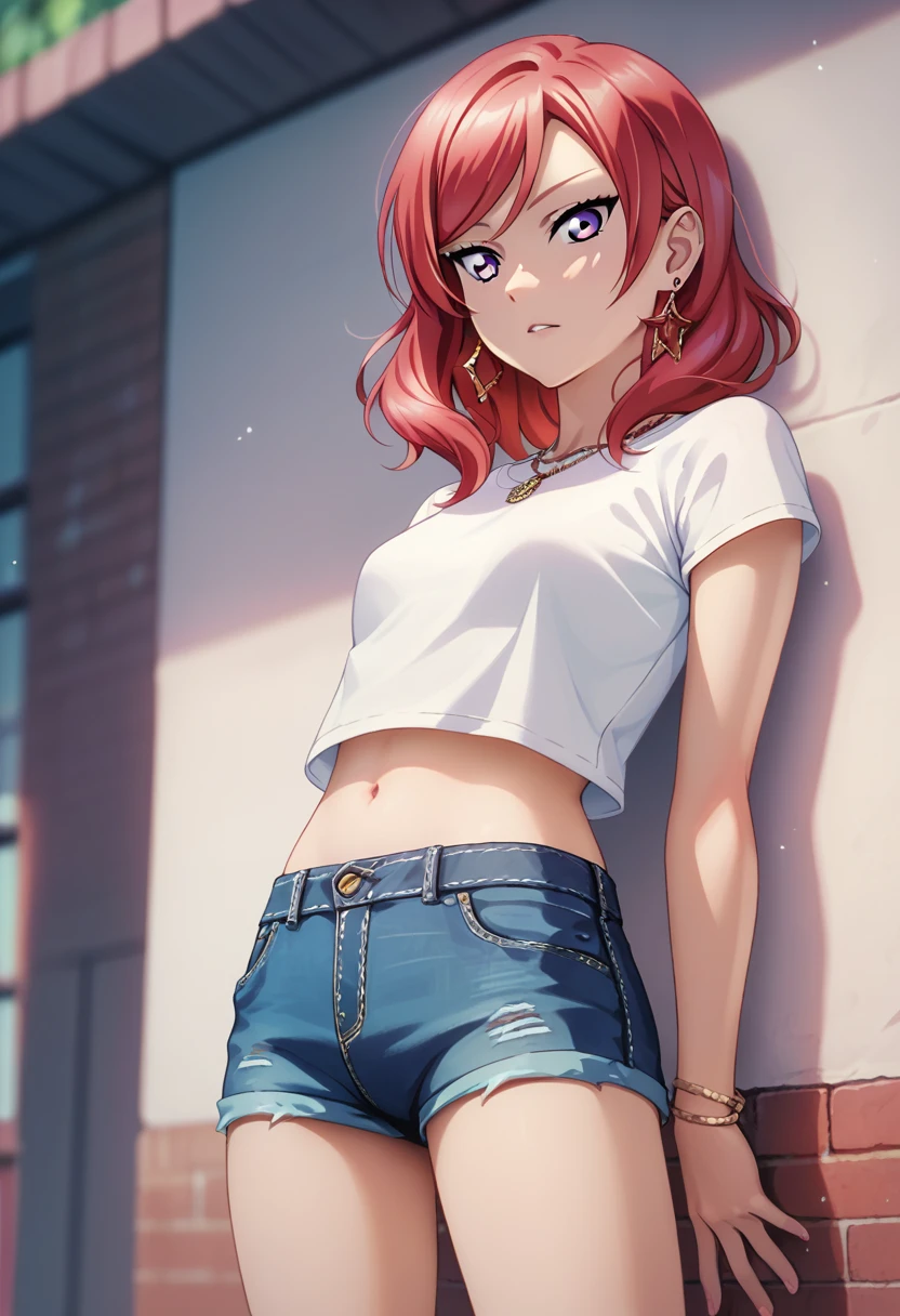 masterpiece, best quality, nishikino maki,red hair, medium hair, purple eyes , standing, stylish blouse, denim shorts,lower belly exposed, earrings, necklace 