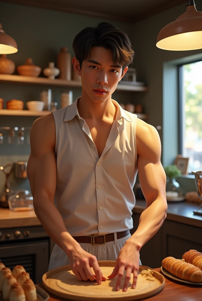 Handsome man portrait, Shoot with Leica, shadow play, Gorgeous lighting, Subtle pastel tones, indoor ,Solitary,Topless,Wearing an apron