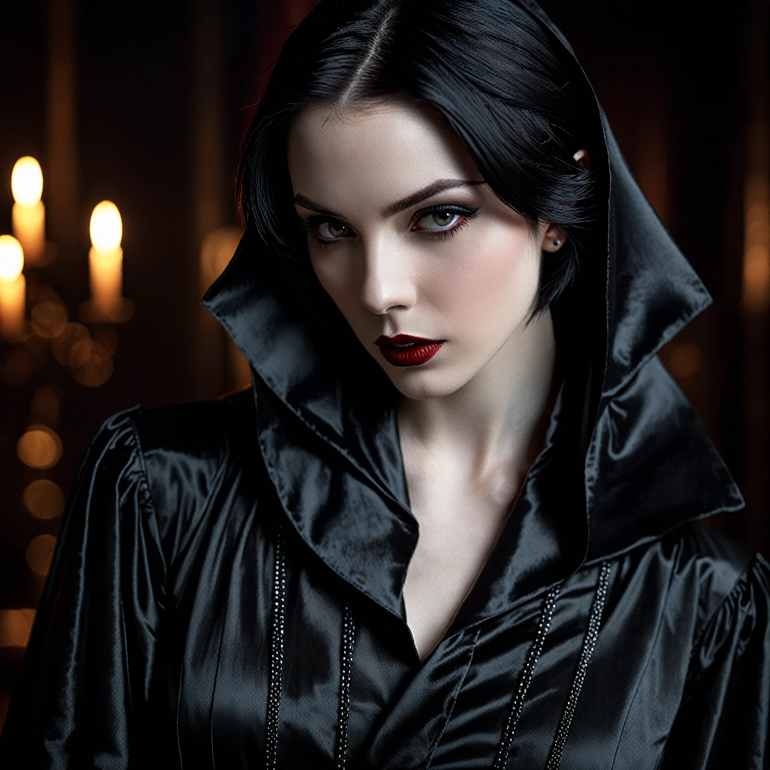 (high quality: 1.3), cinematic shot, masterpiece, (sharp focus: 1.5), (photorealistic: 1.3), medium portrait of (a beautiful young vampire, Pale skin, Gothic, still proud and fierce, short straight black hair, dark look, dressed in a highly detailed dark robe, dark atmosphere, but sculpting the shapes in sharp chiaroscuro), It&#39;s night, (very detailed skin), (detailed face),  detailed background, dark lighting, twilight lighting, volumetric lighting, Complex details, HD,