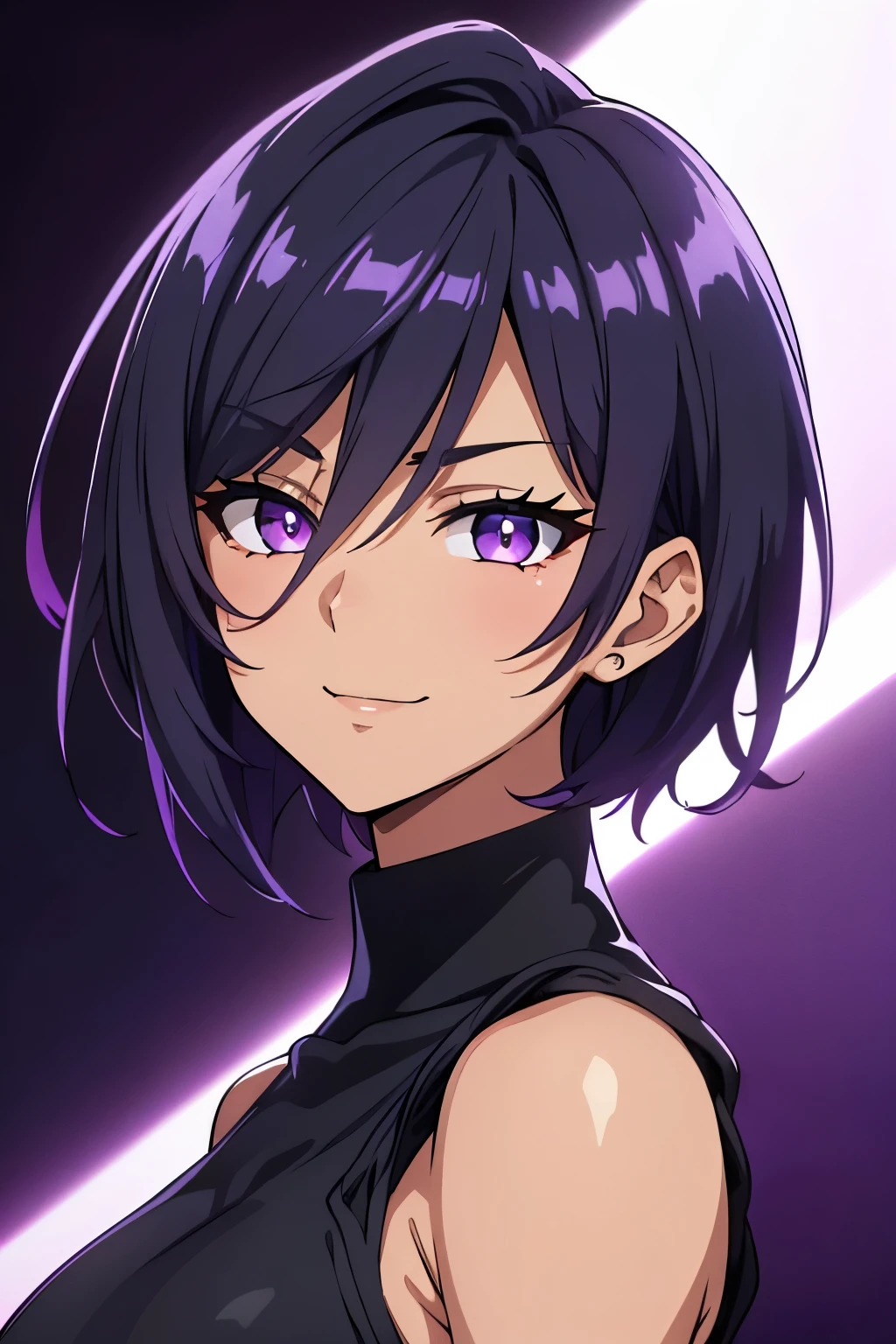 (high-quality, breathtaking),(expressive eyes, perfect face) 1girl, female, solo, young adult, short hair length, dark purply black hair color, purple lighting in hair, spiky hair, bright blue eye color, black background, positive expression, cute smile, Symmetrical Eye, light rain, modern fantasy clothing, tomo hairstyle, tomboy, portrait, tanned skin, slightly dark skin, mohawk haircut, sleeveless, shoulder armor, turtleneck shirt,
