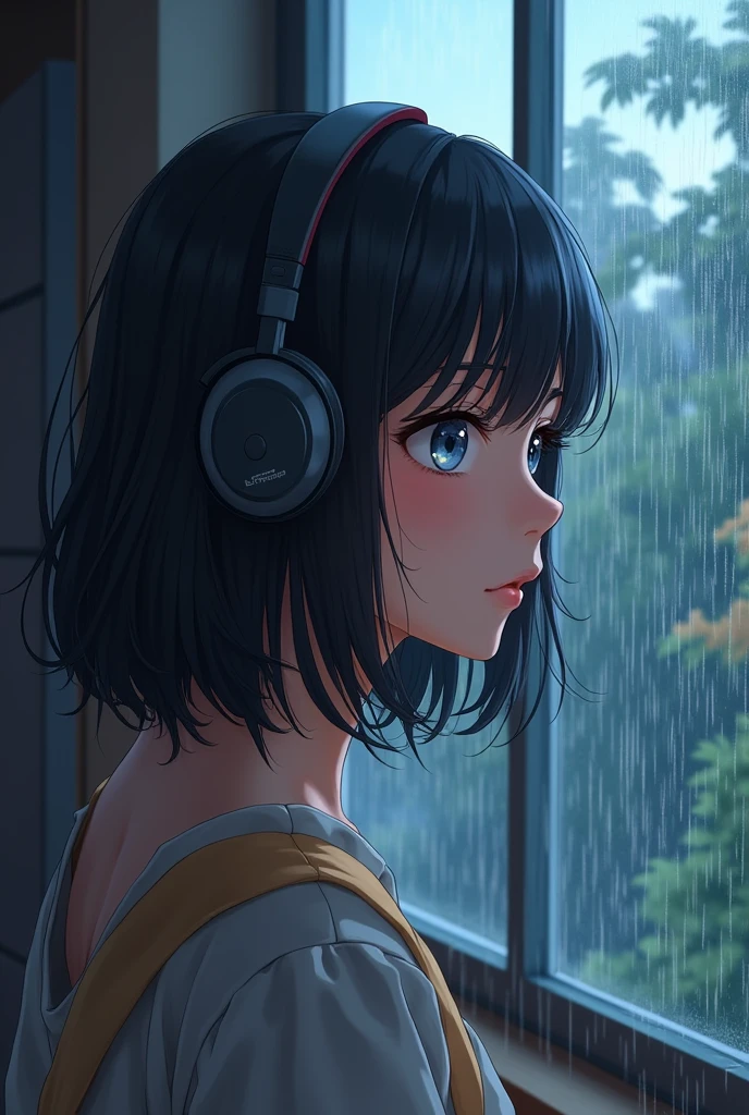 1girl, solo, gentle smile on her face flat chest, short hair, black hair, upper body, A woman in her twenties wearing a pastel brown gown listening to music from her blue headphone while being wet in the pouring rain, plants in the background