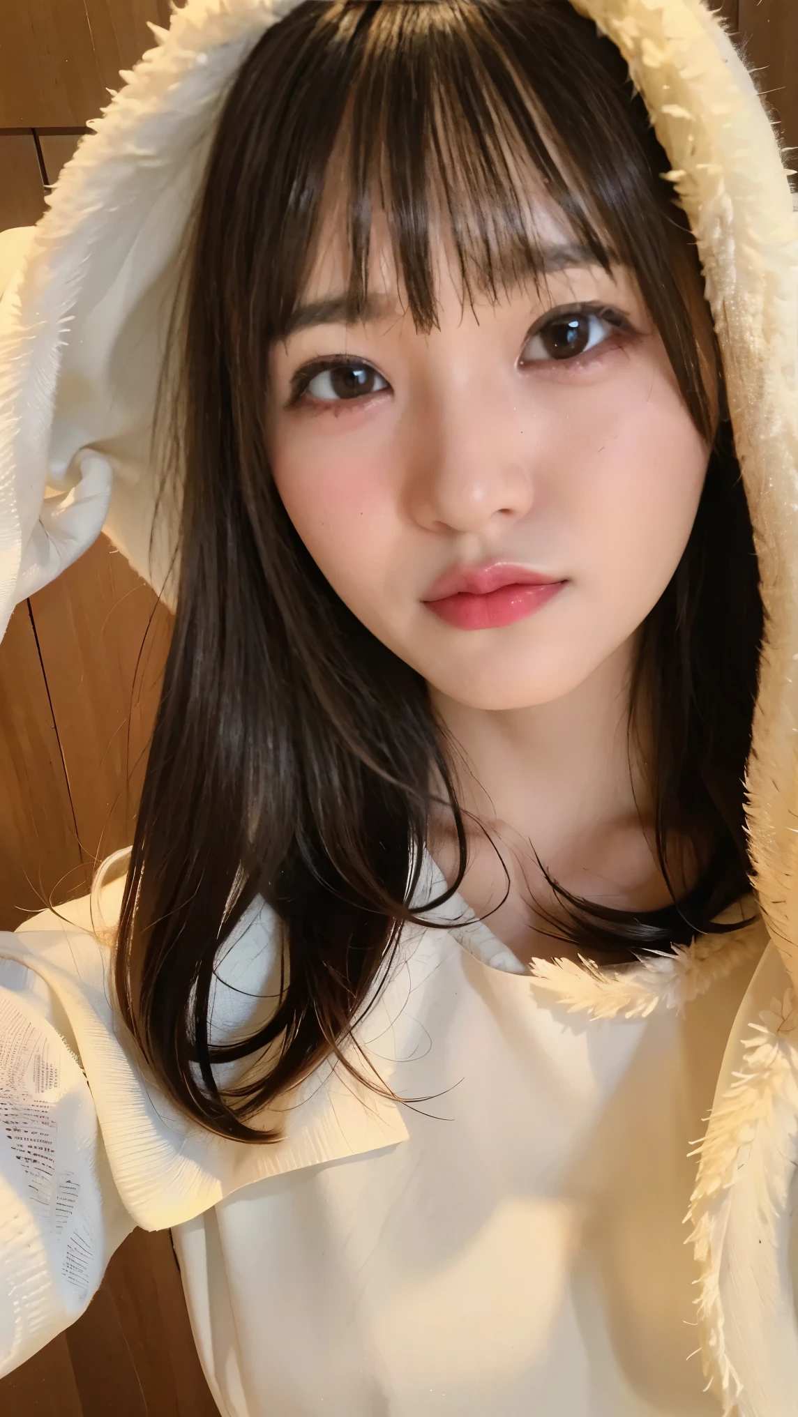 one girl, (a beauty girl, delicate girl:1.3), (Age 25:1.3),
break, (White fluffy kigurumi pajamas, Cat costume:1.2), (Upper Body:1.2),
break, Definition of very fine particles, (Symmetrical eyes:1.3),
break, (Bedroom:1.3), 
break, Small breasts, Brown eyes, Parted bangs, Brown Hair,  girl,
break, (Eye and facial details:1.0),
break, (masterpiece, Highest quality, Very detailed, Detailed face, 8K)、Upper Bodyは裸、Nipples sticking out