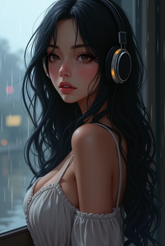 (Highest quality, 4K, masterpiece :1.3), Beautiful woman, One girl, (chest, Attractive body :1.2), Abdominal muscles :1.1, Dark brown hair: 1.1, (It rained and I got wet, Raindrops, Wet body :1.2), Highly detailed face, Detailed lips, Detailed eyes, double eyelid, night、Girl listening to music in a cozy room, Use headphones, 2Dスタイルanime, Lo-Fi, hard disk, Dark Environment,,anime,Makoto Shinkai style