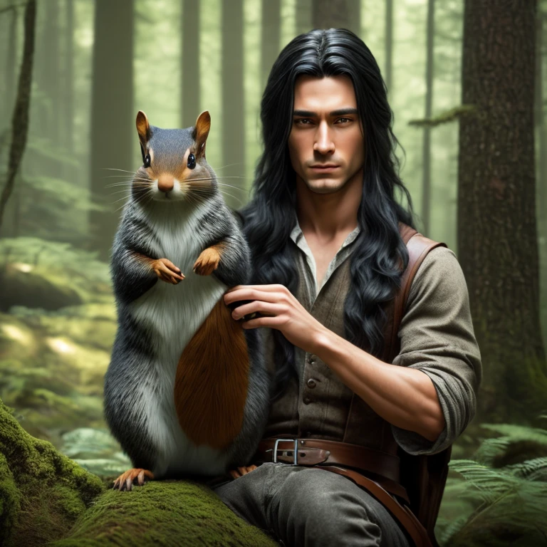 A handsome young wizard with long black hair and an androgynous face, holding ONE Forest squirrel in his hands, realistic, detailed, portrait, hyperrealistic, high resolution, 8k, intricate details, dramatic lighting, cinematic, fantasy, magical, muted color palette, lush forest background, (best quality,4k,8k,highres,masterpiece:1.2),ultra-detailed,(realistic,photorealistic,photo-realistic:1.37)