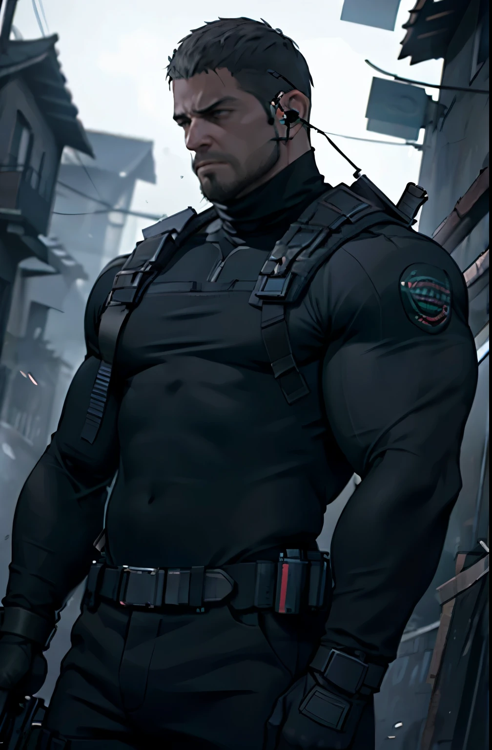 Dark gothic village in the background, old Chris Redfield from Resident Evil 8, 4, muscular male, tall and hunk, biceps, abs, chest, black cold turtleneck, black trousers, suspenders, earpiece, belt, thick beard, holding an assault rifle, cold face, video games style, high resolution:1.2, best quality, masterpiece, dark nightime, dark atmosphere, volumetric lighting, shadow, upper body shot