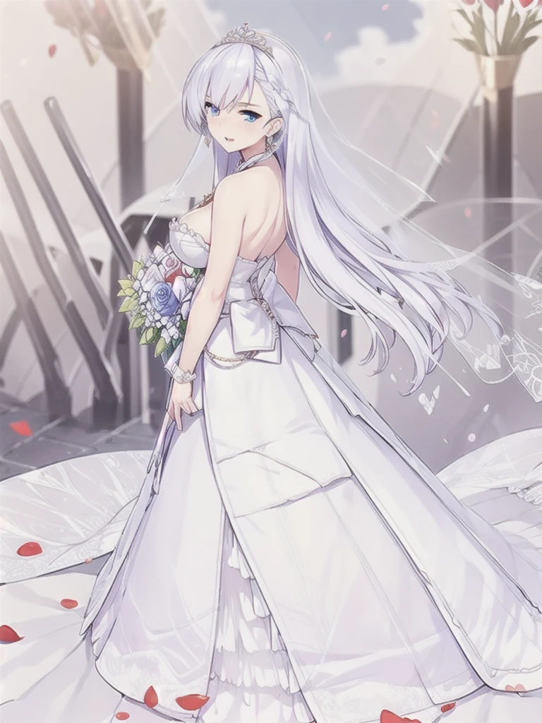 belfast \(azur lane\),((masterpiece)),(((best quality))),((ultra-detailed)),((illustration)),((disheveled hair)),((frills)),(1 girl),(solo),1girl,bangs,blue sky,blush,bridal veil,cherry blossoms,cloud,cloudy sky,confetti,day,dress,earrings,eyebrows visible through hair,falling petals,flower,hair between eyes,hair ornament,high heels,jewelry,leaves in wind,long hair,looking at viewer,looking back,ocean,open mouth,outdoors,petals,petals on liquid,rose petals,shoes removed,sidelocks,single shoe,sky,soles,solo,splashing,tiara,tree,underwear,veil,water,wedding dress,white dress,Rating:safe,foreshortening,blue eyes,silver hair,
