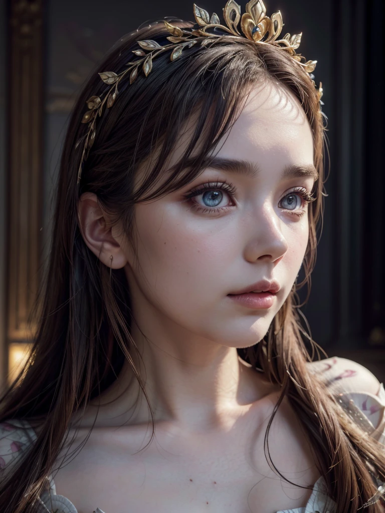 a girl with beautiful detailed eyes, beautiful detailed lips, extremely detailed face and expression, long eyelashes, intricate floral crown, graceful pose, floating in a mystical ethereal landscape, glowing warm sunlight, vibrant colors, cinematic lighting, digital art, concept art, octane render, photorealistic, 8k, best quality, masterpiece