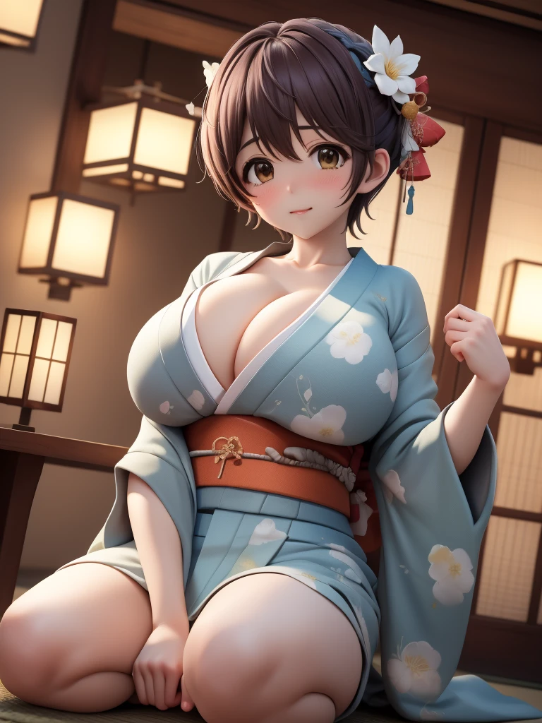 Her yukata is exposed and her nipples and pussy are visible in an erotic pose