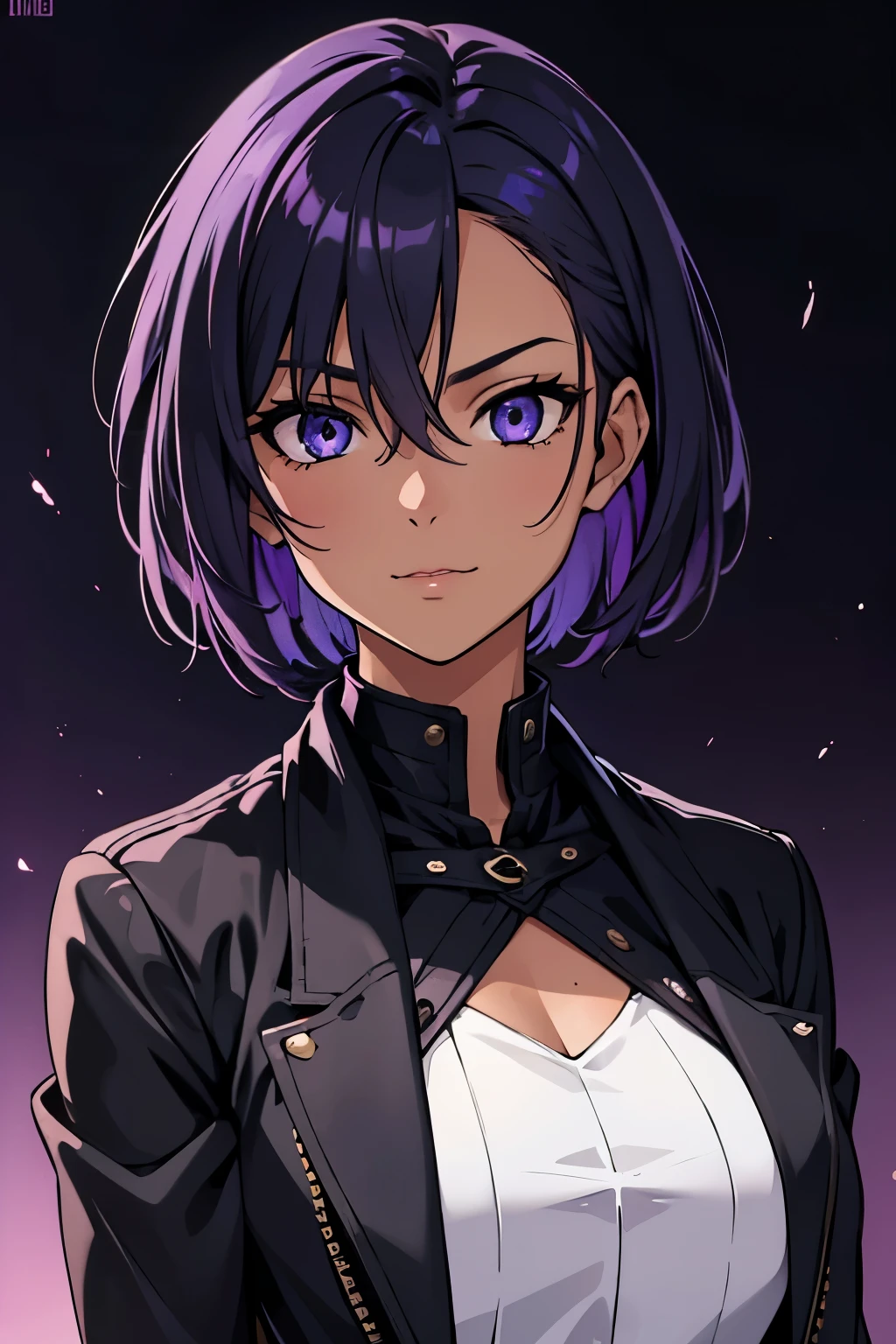 (high-quality, breathtaking),(expressive eyes, perfect face) 1girl, female, solo, young adult, short hair, dark purply black hair color, purple lighting in hair, spiky hair, bright blue eye color, black background, neutral expression, cute smile, Symmetrical Eye, light rain, modern fantasy clothing, tomo hairstyle, tomboy, portrait, tanned skin, slightly dark skin, mohawk haircut, blouse shirt, small bust, jacket
