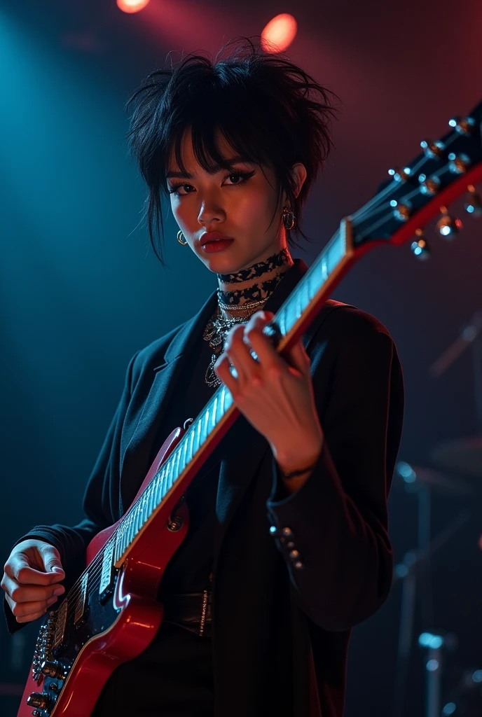 Short Bob Hair、woman、bassist、live house、smoke、Bright lighting、