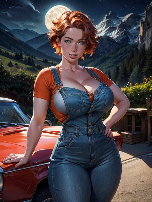 1girl, sxfrances, short orange hair, green eyes, freckles, beautiful detailed smile, red overalls, blue shirt with rolled up sleeves, blue pants, cleavage, wide hips, mountain landscape, moon, (night:1.5), looking directly at viewer, (best quality,4k,8k,highres,masterpiece:1.2),ultra-detailed,(realistic,photorealistic,photo-realistic:1.37),vibrant colors,natural lighting