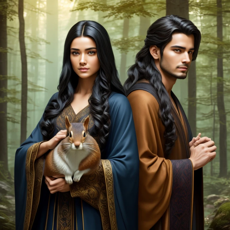 a young handsome androgynous wizard with long black hair, holding a cartoon-style forest squirrel, detailed facial features, beautiful intricate robes, cinematic lighting, fantasy landscape, vibrant colors, digital painting, (best quality,8k,highres,masterpiece:1.2),ultra-detailed,(realistic,photorealistic,photo-realistic:1.37),cinematic composition,dramatic lighting,warm colors,fantasy art