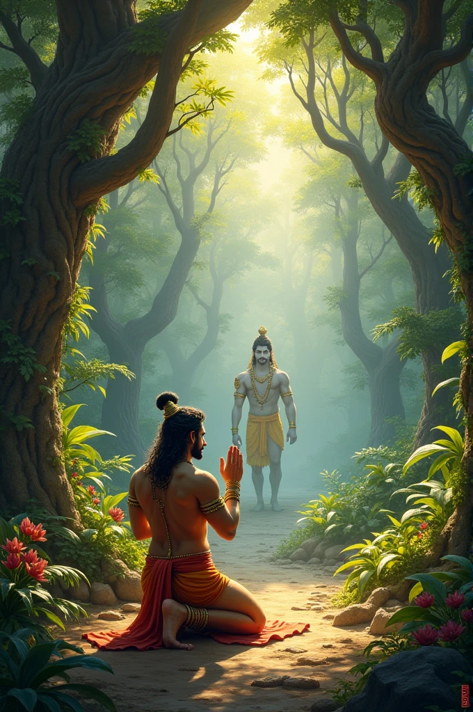 An enchanting vision of Lord Krishna, depicted in a mystical forest at twilight, the dappled moonlight casting ethereal shadows, surrounded by playful peacocks and deer, evoking a sense of enchantment and mysticism, Illustration, digital art, --ar 9:16 --v 5