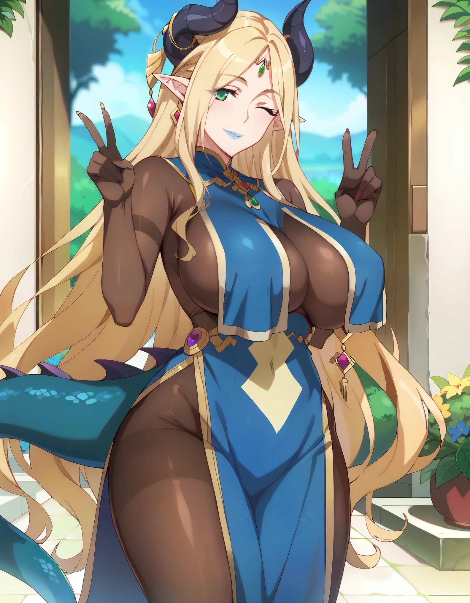 masterpiece, score_9_up, score_8_up, score_7_up, best quality, extremely detailed, 1girl, milf, solo, Elsha, (large breasts:1.9), ((((blonde hair), very long hair, parted bangs, green eyes, pointy ears, dragon horns, multiple horns, dragon tail, one eye closed))), blue lips, (((bodystocking, tabard))), ((light smile), closed mouth), ((motherly, peace sign, garden))