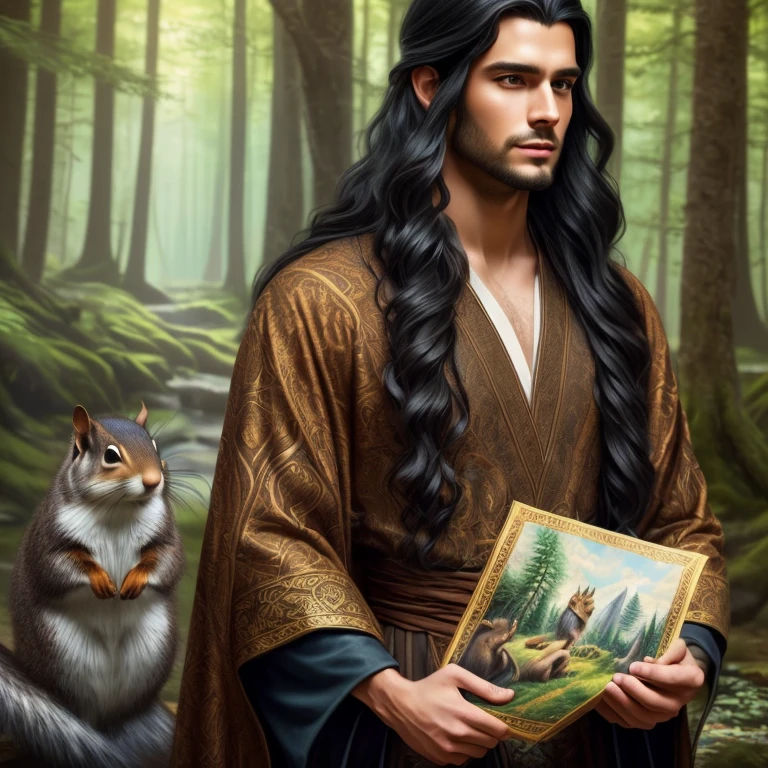 a young handsome wizard with long black hair, holding a cartoon-style forest squirrel, detailed facial features, beautiful intricate robes, cinematic lighting, fantasy landscape, vibrant colors, digital painting, (best quality,8k,highres,masterpiece:1.2),ultra-detailed,(realistic,photorealistic,photo-realistic:1.37),cinematic composition,dramatic lighting,warm colors,fantasy art