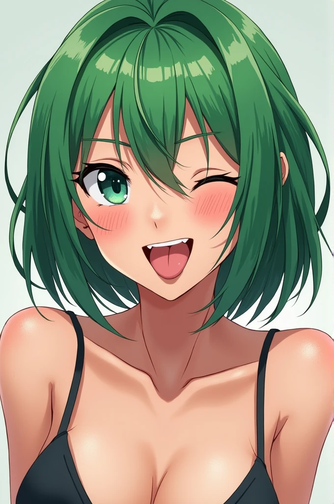 Create a girl, short hair, green hair, wavy, green eyes, smiling, short, small breasts, no clothes, showing her ass, finger in mouth, room, noon
