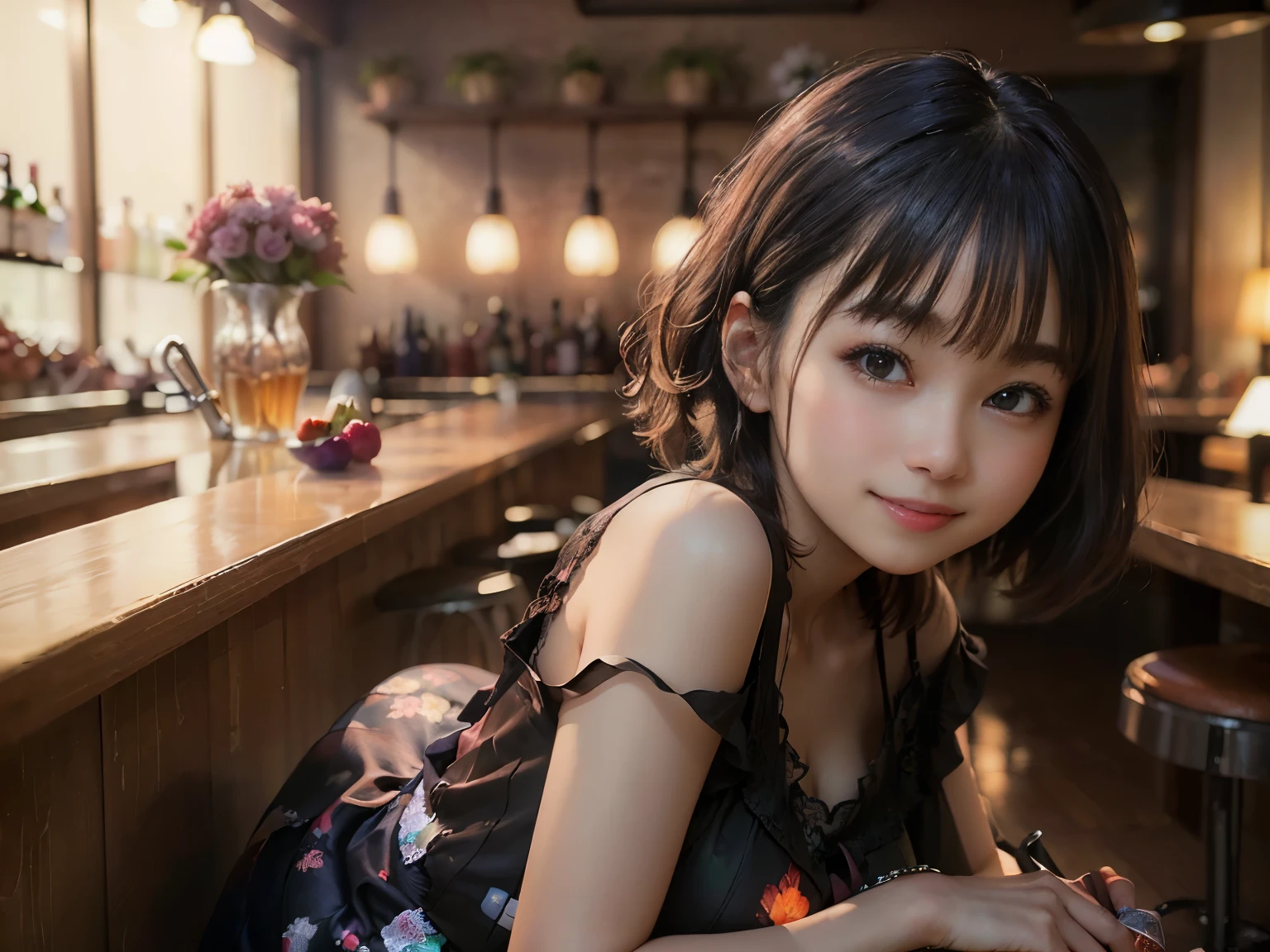 (Highest quality, masterpiece, Ultra-high resolution, 8k, RAW Photos, Realistic, Anatomically correct:1.5), 20-year-old girl:1.2, Embarrassing, avert your eyes, blush:1.0, View Viewer, ((bar)) 、Large windows、Night view、 Light:1.2, Bokeh, Cinema Lighting:1.0, Depth of written boundary, sharp、 Cute Face、Idol、(Black short sleeve lace top)、(Black tulle skirt)、”dwarf”、(Floral clothes)、(Full Body Shot)、Side angle、Cowboy Shot、( smile)、((Ultra short hair、Berry Short))、(Straight bangs)、((See-through))、(( one person&#39;s))、Waist、I can see your thighs、