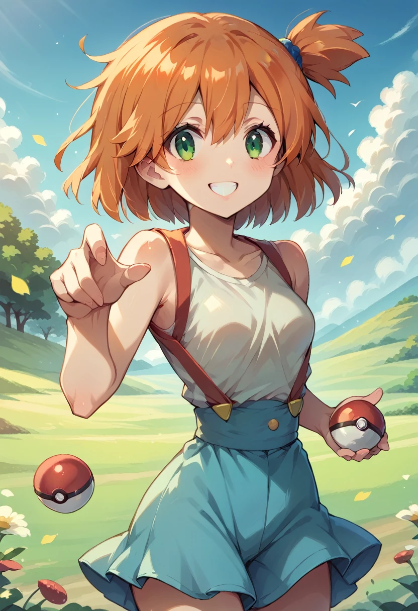 Misty_pokemon , Berry Short,Orange Hair, one side up hair ,Big green eyes,Small breasts,Skinny , akane's . natural landscape background, wild field, warm colors, big smile, sweet girl, adorable image , dynamic image , strong wind , running , PokeBall , colorful , different angles 