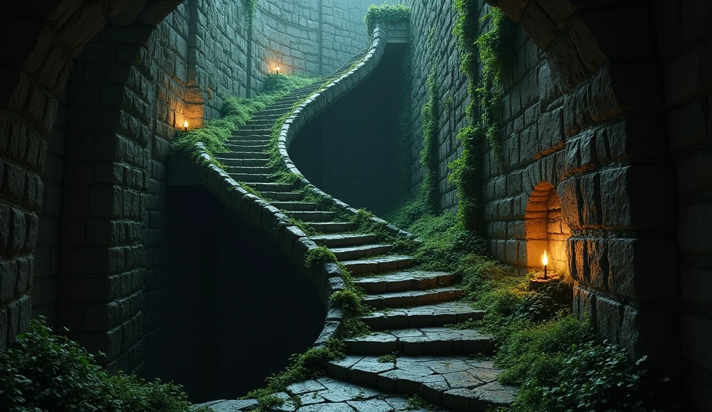 labyrinth full of walls and curves, torches, dark, thorns, realistic, ultra realistic, 8k, 4k