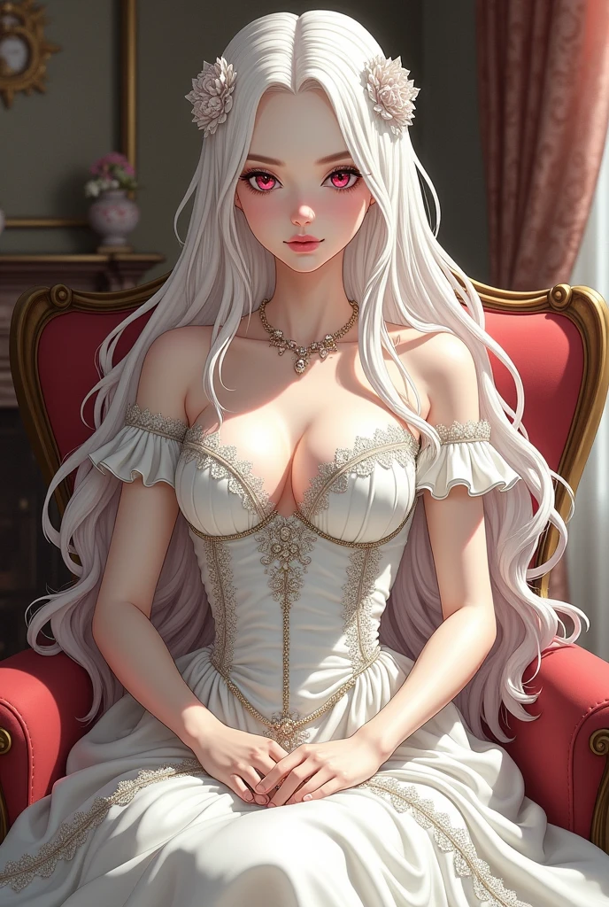 photorealistic, high resolution, soft light,1women, solo, hips up, look at viewer, (detailed face), long hair, white hair, Beautiful girl, red wedding princess dress, tattoo, jewelry