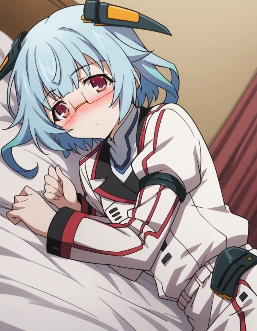 score_9, score_8_up, score_7_up, source_anime,
kanzashisarashiki, kanzashi sarashiki, red eyes, blue hair, glasses, semi-rimless eyewear,
school uniform, ribbon, blue ribbon, long sleeves, red trim, uniform, military uniform, white military uniform,
indoors, bed, bed room, on side, blush, drunk,
looking at viewer, cowboy shot, solo, dutch angle,