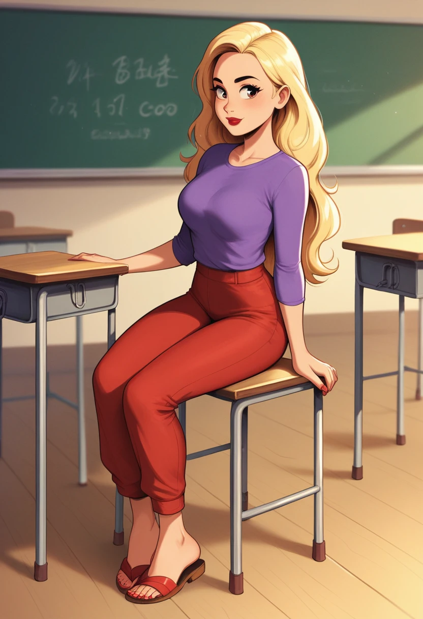 Score_9_up, score_8_up, score_7_up, 1girl, solo, cdamco, connie d'amico, blonde hair, long hair, red lips, purple shirt, red pants, sandals, classroom,  