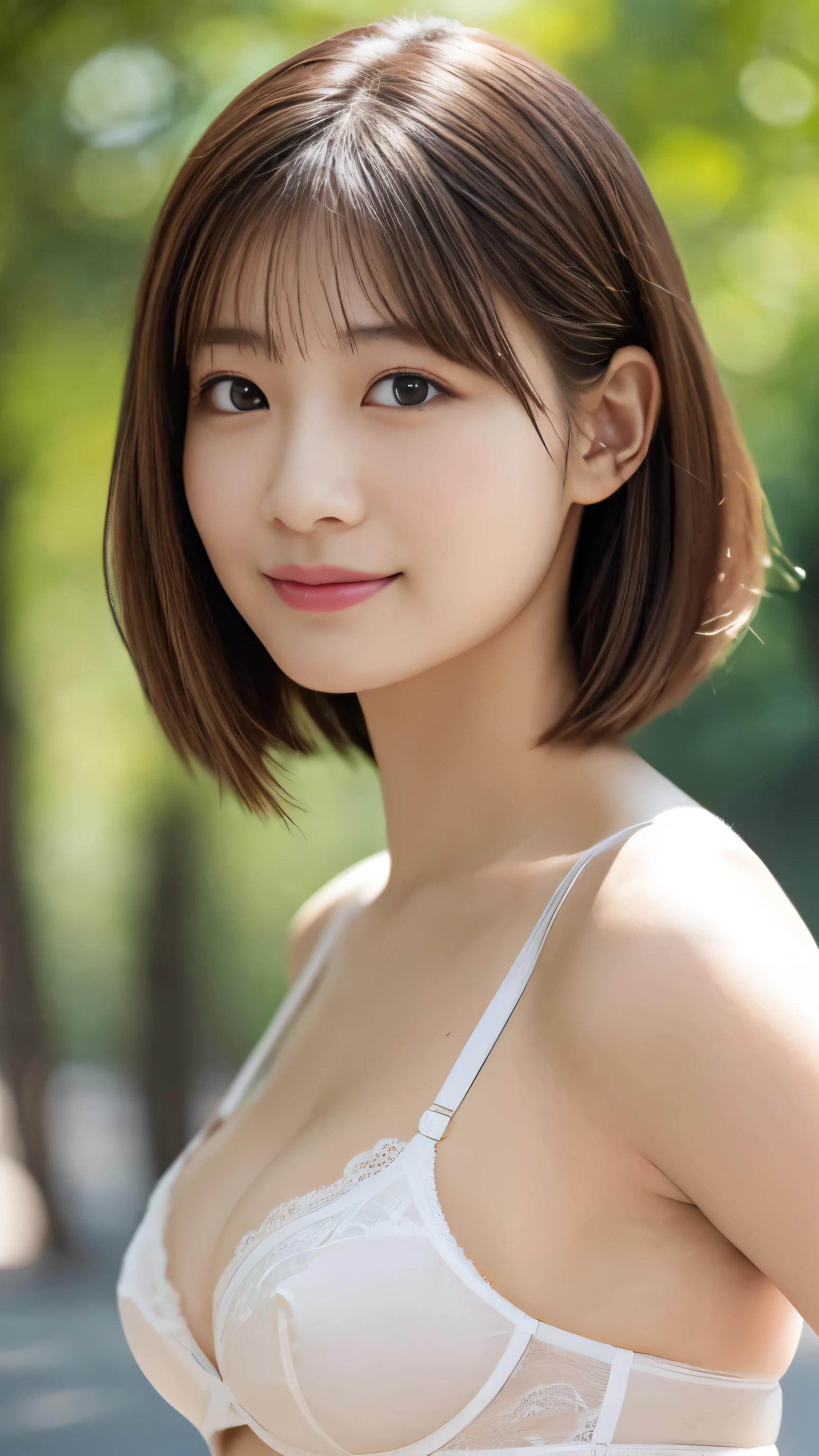 1 girl, (White lace bra、White panties、The clothes are see-through、Protruding nipples:1.1、Cleavage), Beautiful Japanese actresses, (RAW Photos, highest quality), (Realistic, Photorealistic:1.4), masterpiece, Very delicate and beautiful, Very detailed, wonderful, finely, Very detailed CG Unity 8k 壁紙, Very detailed, High resolution, Soft Light, Beautiful detailed girl, Very detailed目と顔, Beautiful and detailed nose, Beautiful and detailed, looking at the camera、Perfect Anatomy, Slender body, smile、((Hands behind head))、front、shortcut hair,