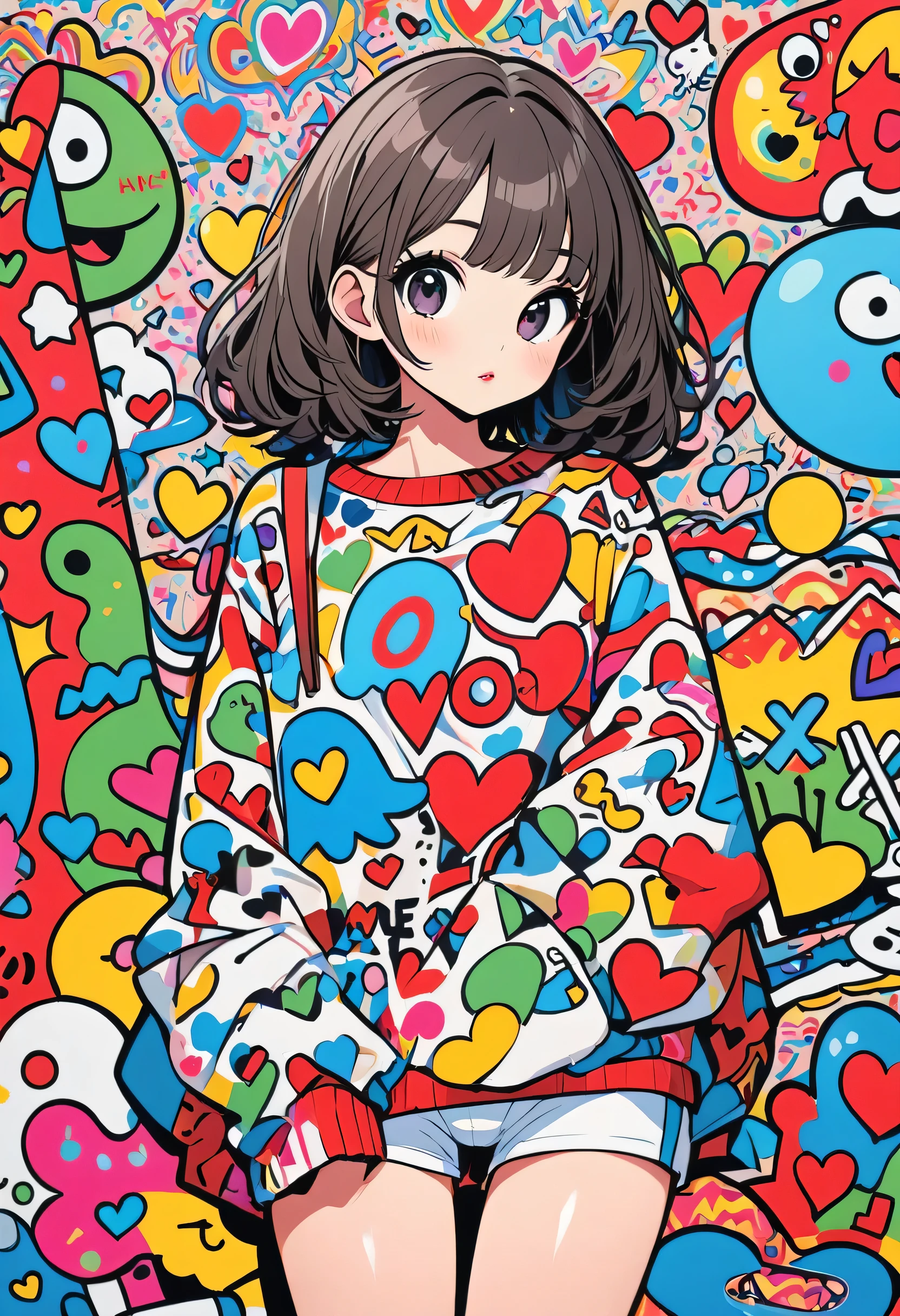 Ultra-realism Keith Haring colorful style, Simple Line Initialism，Abstract art，(((The most beautiful girl of all time))), Sweet face. Lips in love, colorful hearts, stylish design, cute underwear, Dark Eyes, (((Holiday Room))), (((Cute amoeba)))