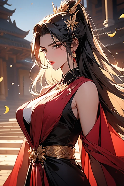 1female,45 yers old,Married woman,,Large breasts,long legeig chest and thin waist, photo exposure, report, She has long black hair,Redlip,The stands up,seen from the front, curlies, The sky mostly cloudy,(((tmasterpiece),(Very detailed CG unified 8k wallpaper),Best quality,电影灯光,detailed back ground,beautidful eyeright pupils,(very delicate beautiful),(Beautiful and detailed eyes description),ultra - detailed,tmasterpiece,)),facing at the camera,A high resolution,ultra - detailed),Expose breasts exposed,Bare genitals, convex,Camel toes,Raised sexy,Queen of China(dressed in:,Gold wire embroidery,Red cheongsam,lace panty,redcloak)